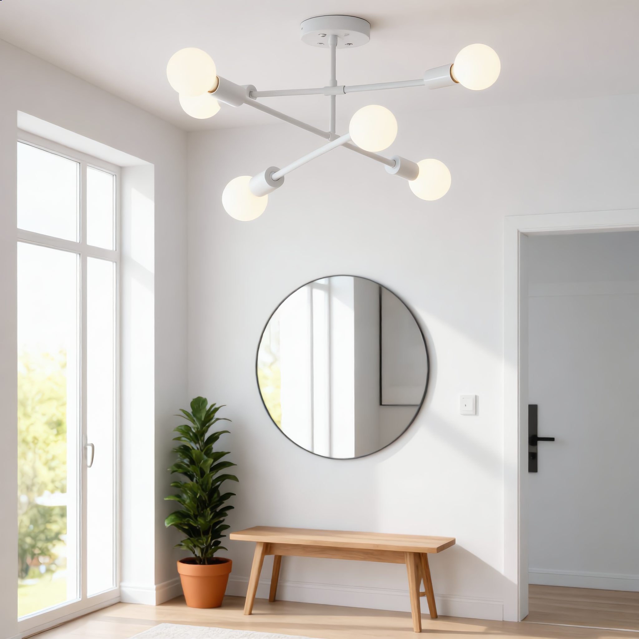 White Sputnik ceiling light in a bright Scandinavian entryway with mirror and plant