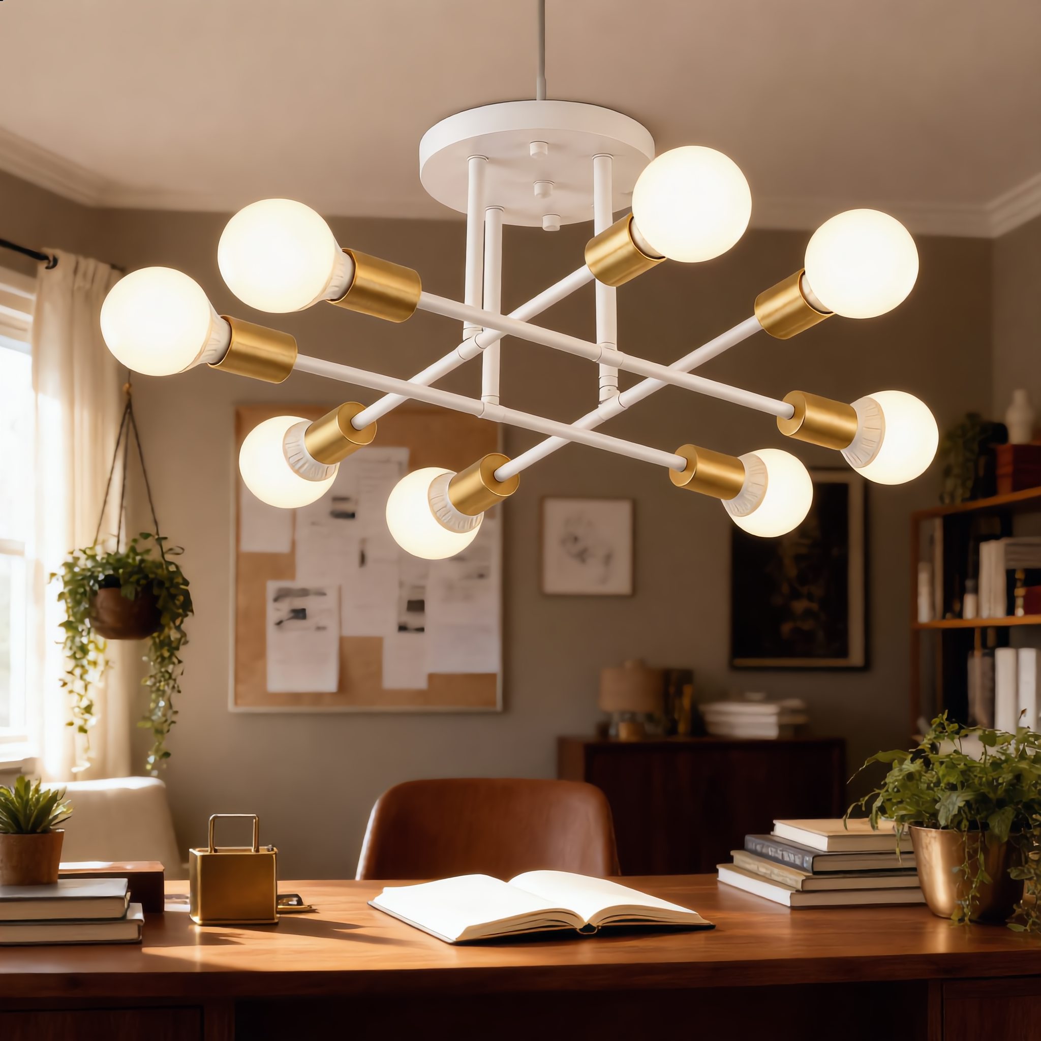 White-and-gold Sputnik ceiling light glowing above a stylish home office desk