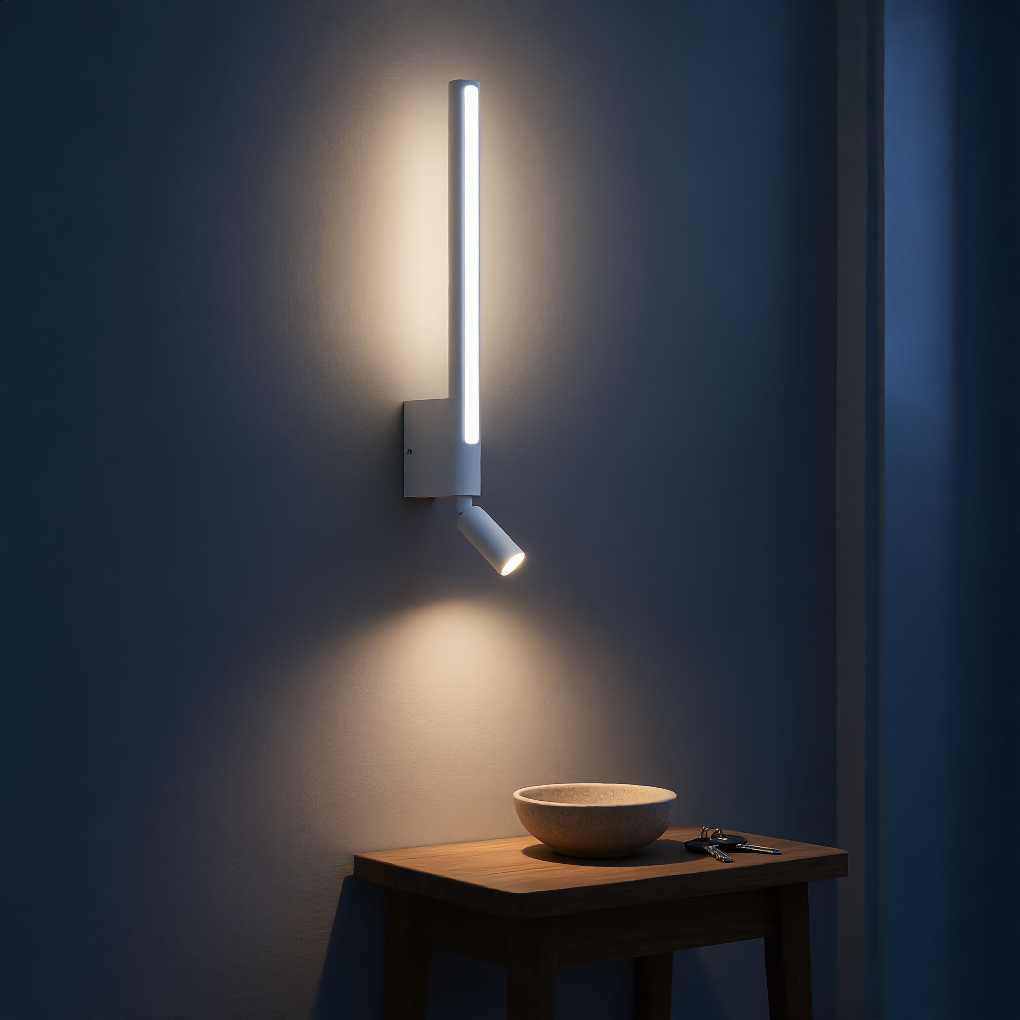 White Carezza Notturna reading wall light in a minimalist entryway hallway