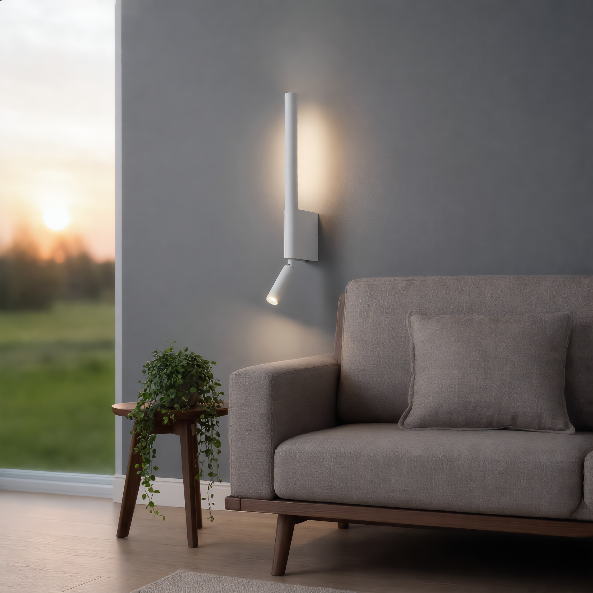 White Carezza Notturna reading wall light beside a sofa in a modern living room