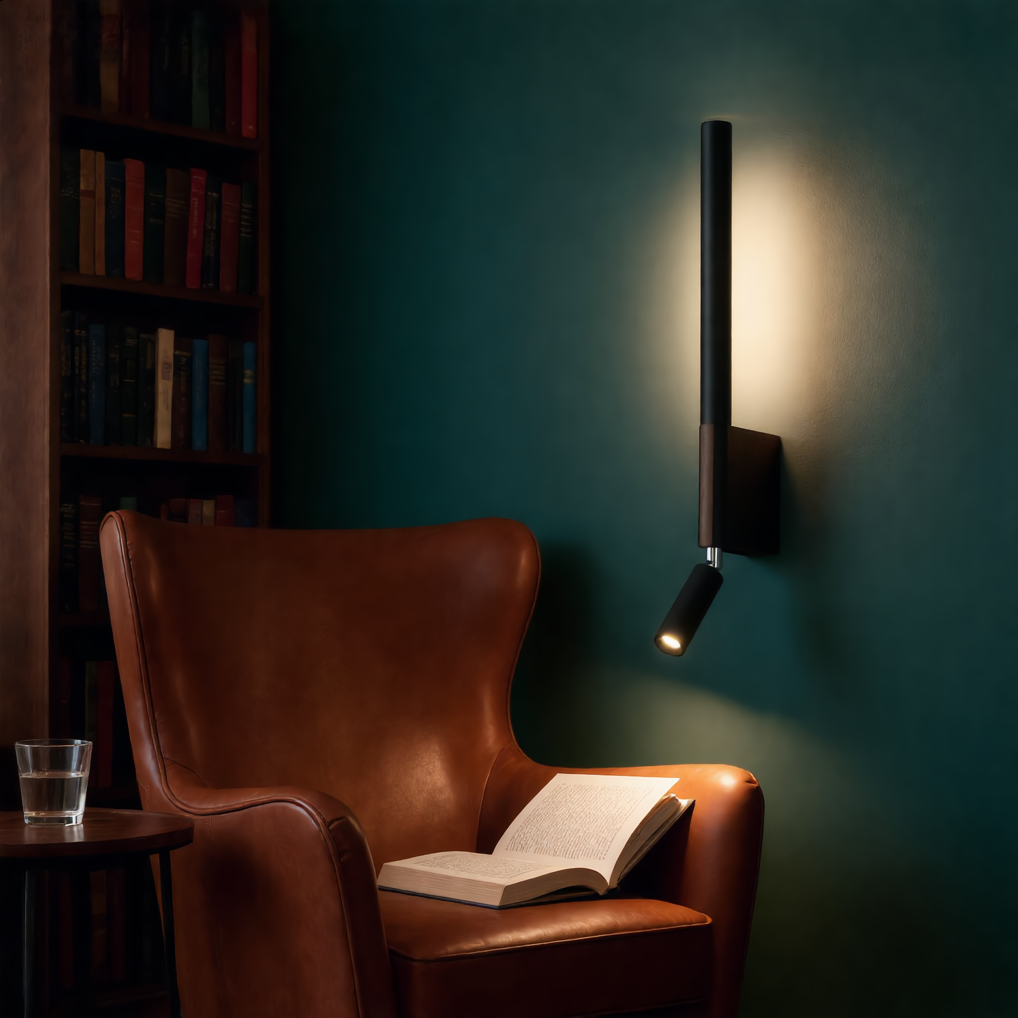Black Carezza Notturna reading wall light glowing warm in a cozy home library reading den