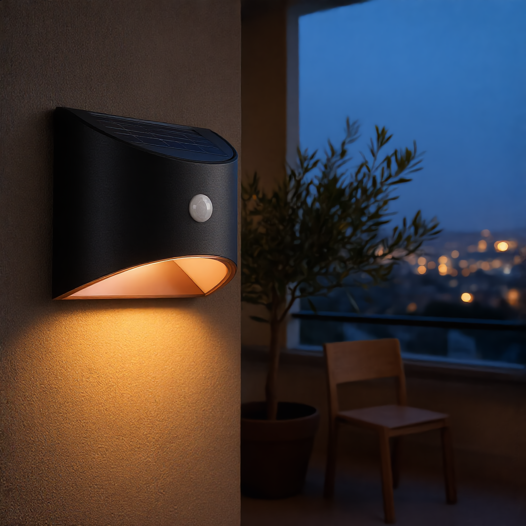 Black Stella Solare solar wall light on a city balcony with warm glow at dusk
