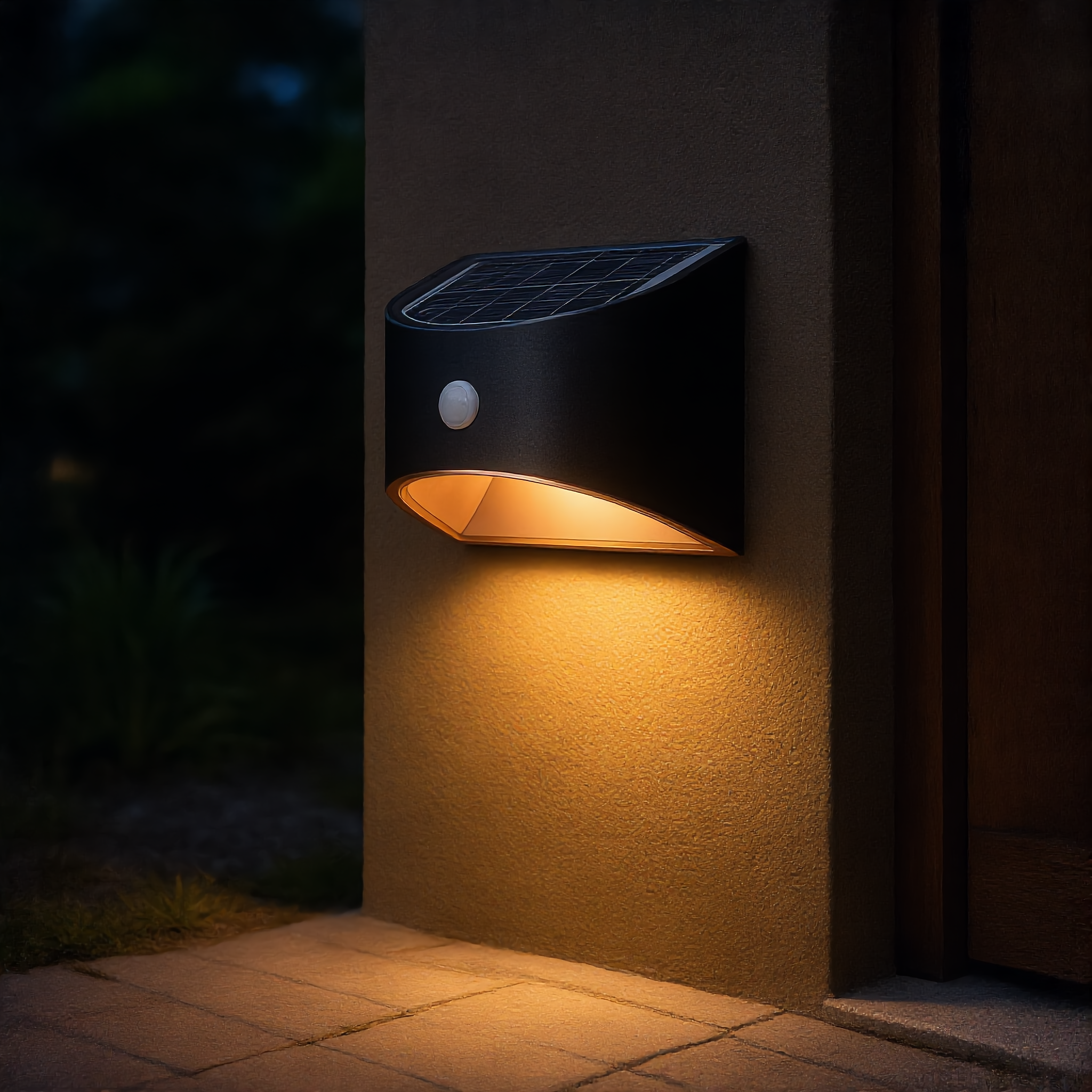 Black Stella Solare solar motion wall light at full brightness lighting a garden path