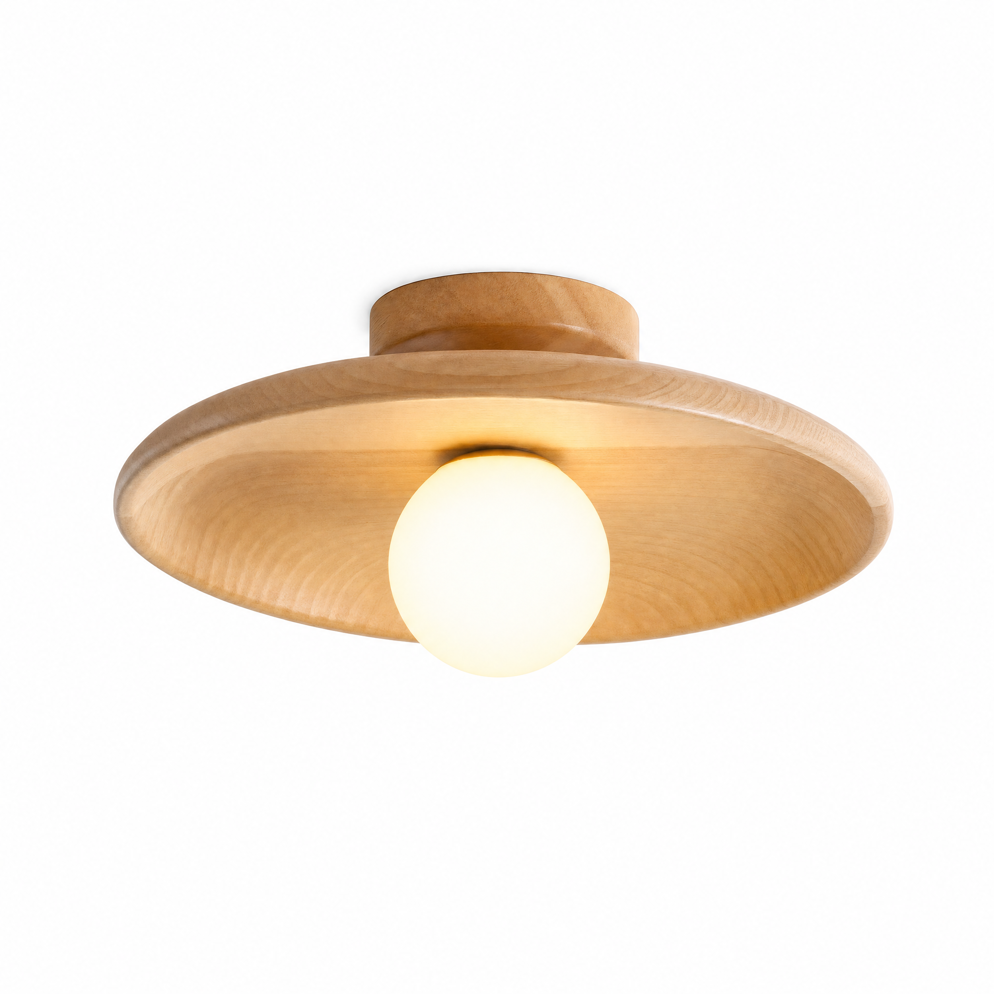 Aureola Nordic wood round flush-mount ceiling light in natural light wood with a frosted glass globe