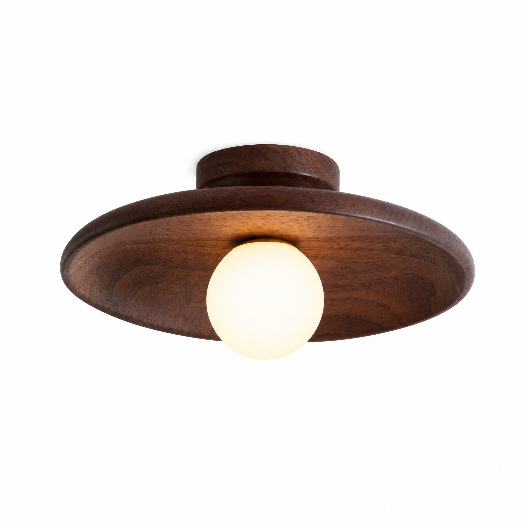 Aureola Nordic wood round flush-mount ceiling light in dark walnut wood with a frosted glass globe