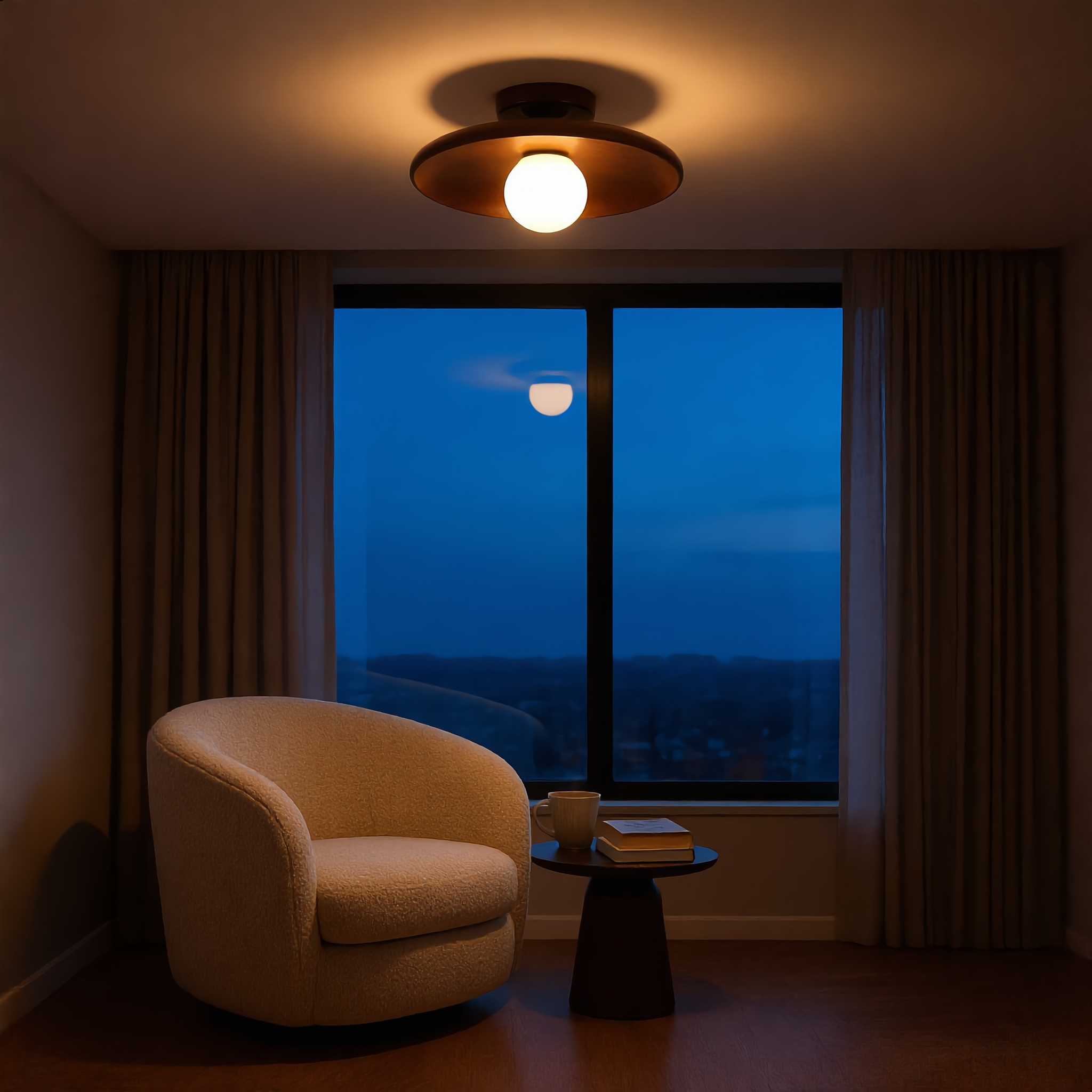 Walnut Aureola wood ceiling light over a cozy living-room reading corner at blue hour