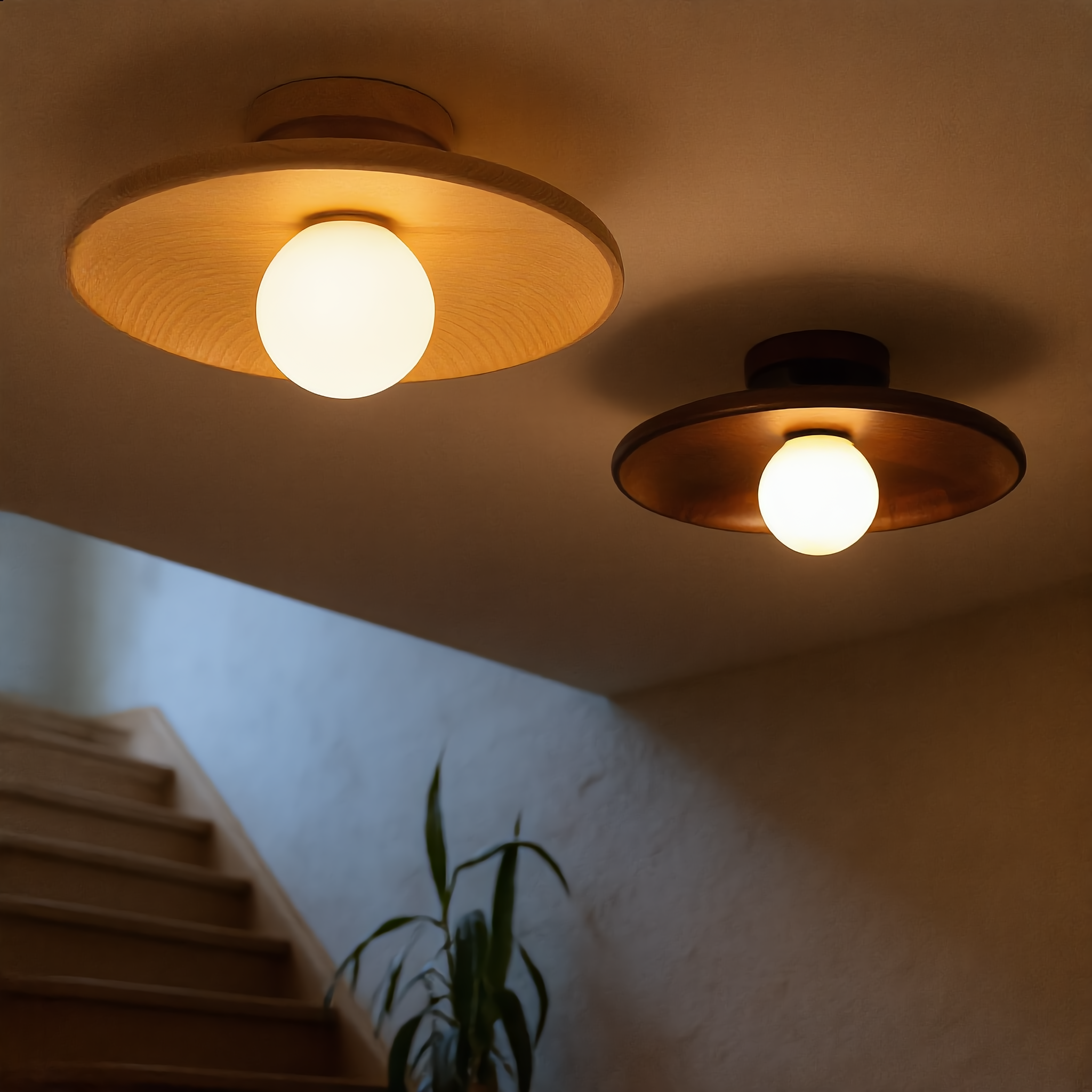 Natural wood and walnut Aureola ceiling lights together on a stairwell landing at dusk