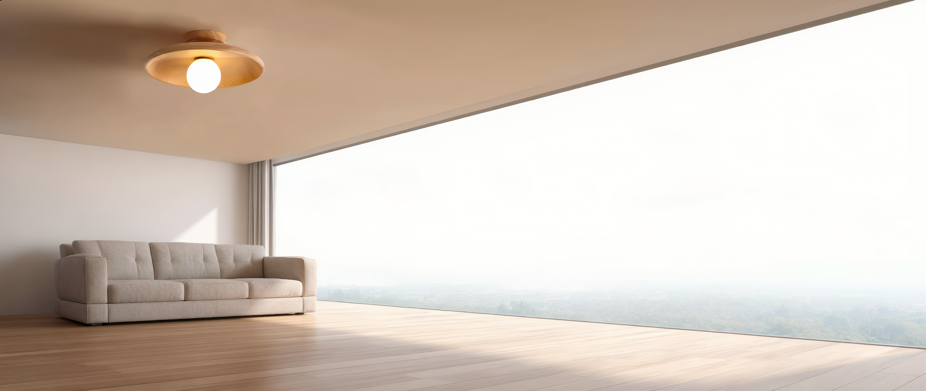 Aureola Nordic wood ceiling light glowing in an airy Scandinavian living room (banner)