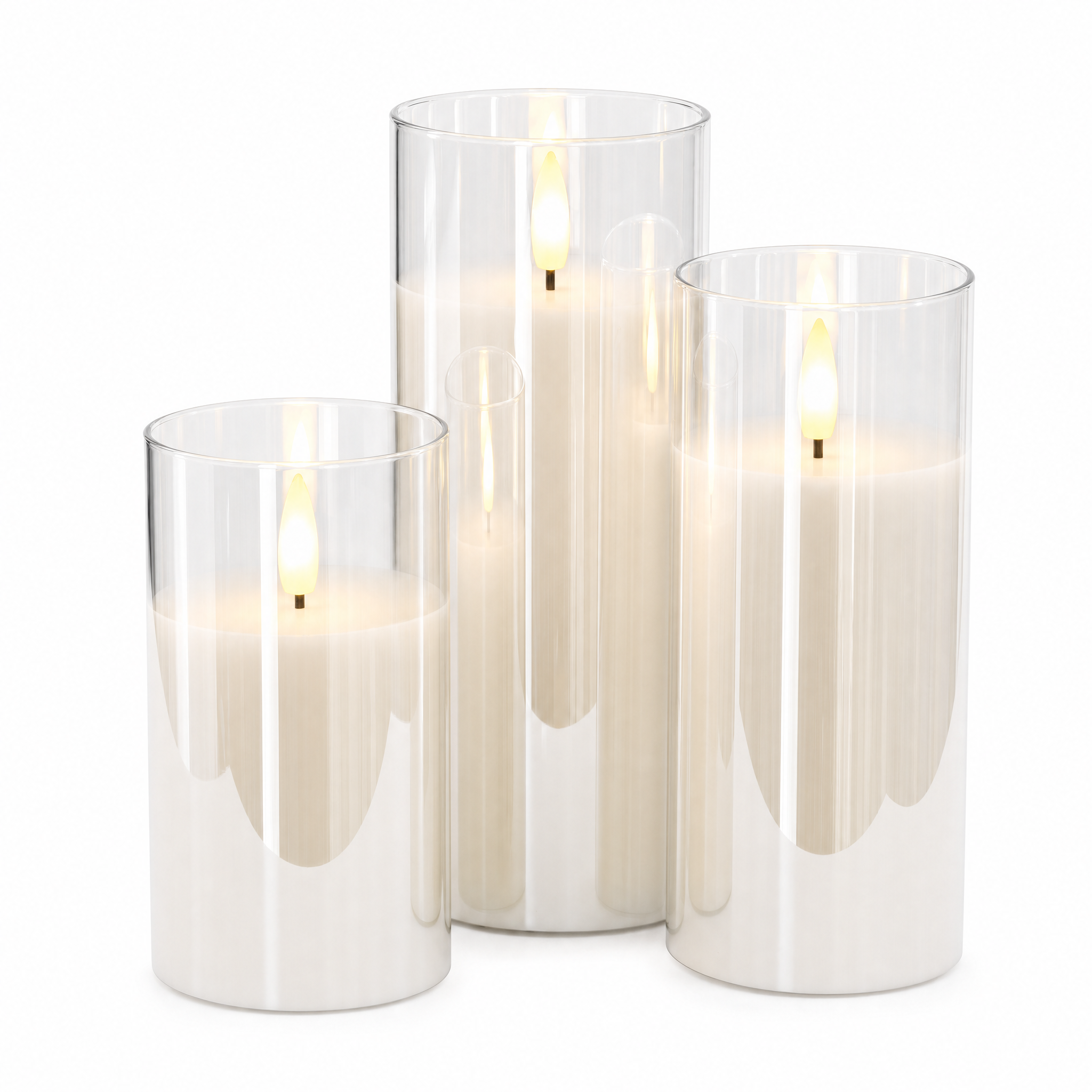 Fiamma Serena flameless LED candle set of 3 in clear white glass with realistic moving flame