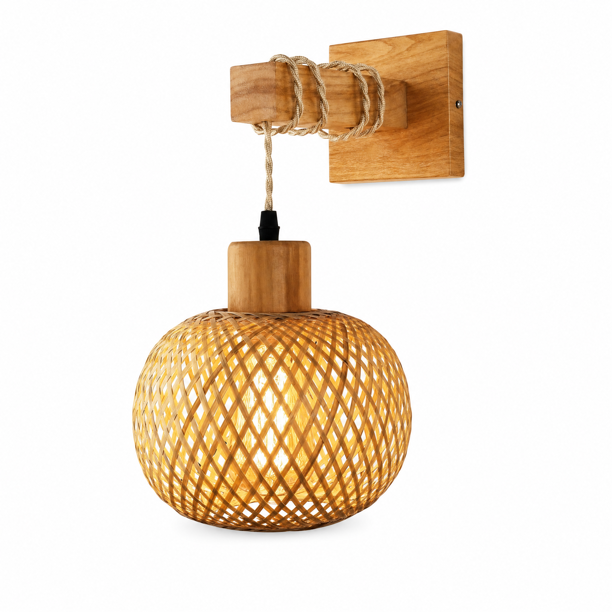 Intreccio handwoven rattan wall lamp with a wood backplate and warm woven glow