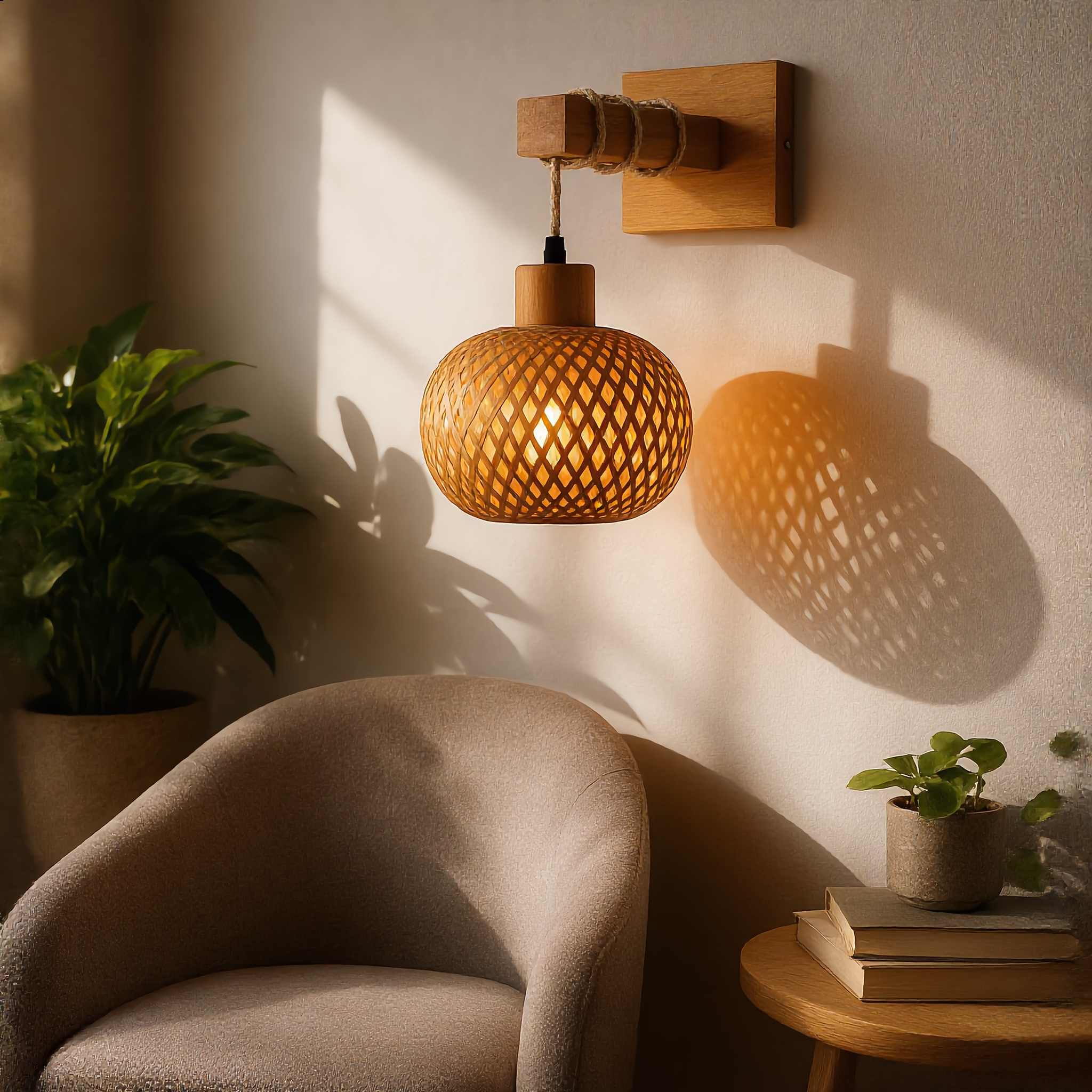 Intreccio rattan wall lamp glowing in a cozy boho reading nook with woven shadow patterns