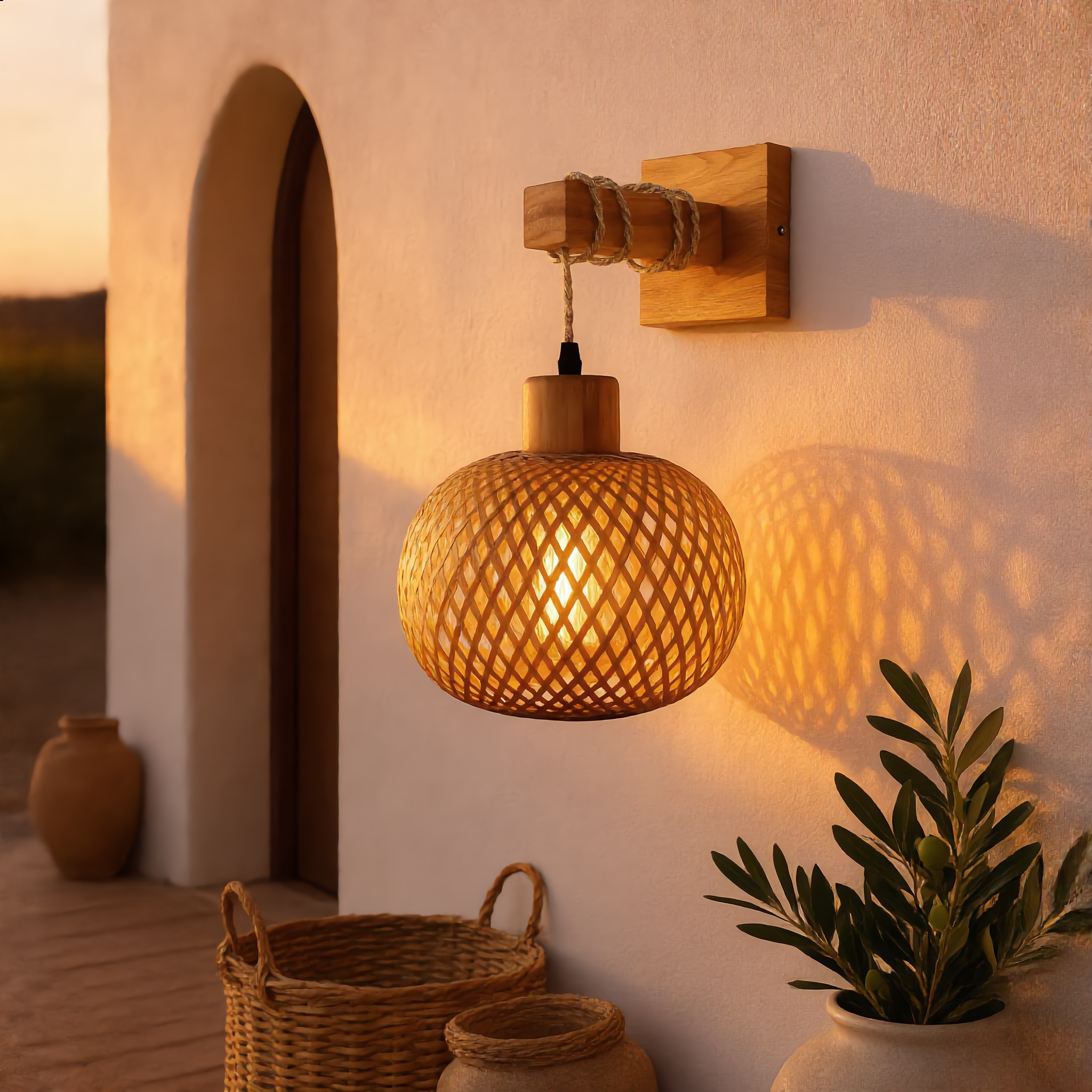 Intreccio rattan wall lamp on a lime-plaster wall in a Mediterranean entryway at sunset