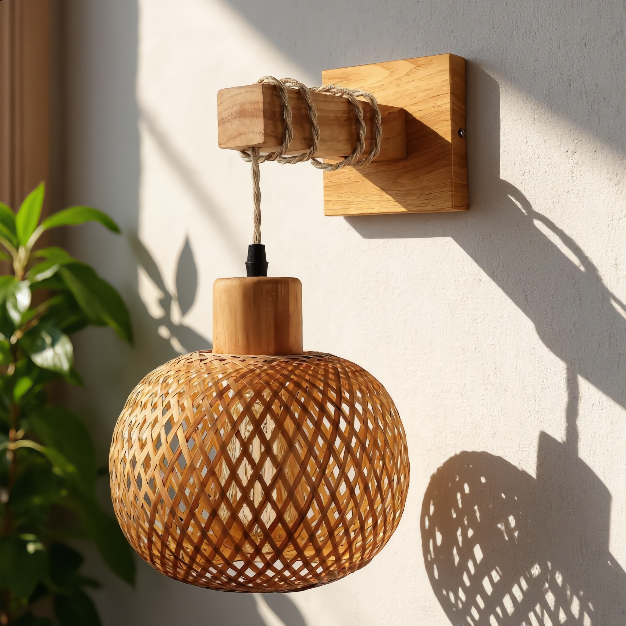 Intreccio rattan wall lamp unlit in daylight showing the natural rattan, wood, and rope