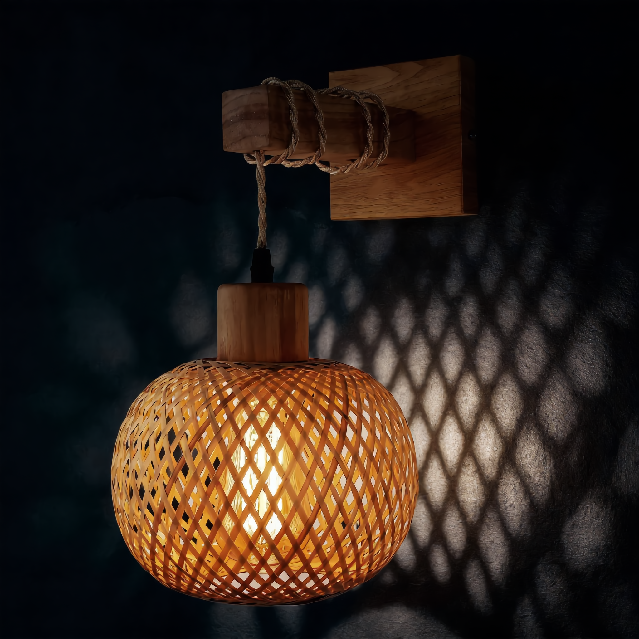 Intreccio rattan wall lamp casting dramatic woven lattice shadows on a dark wall at night