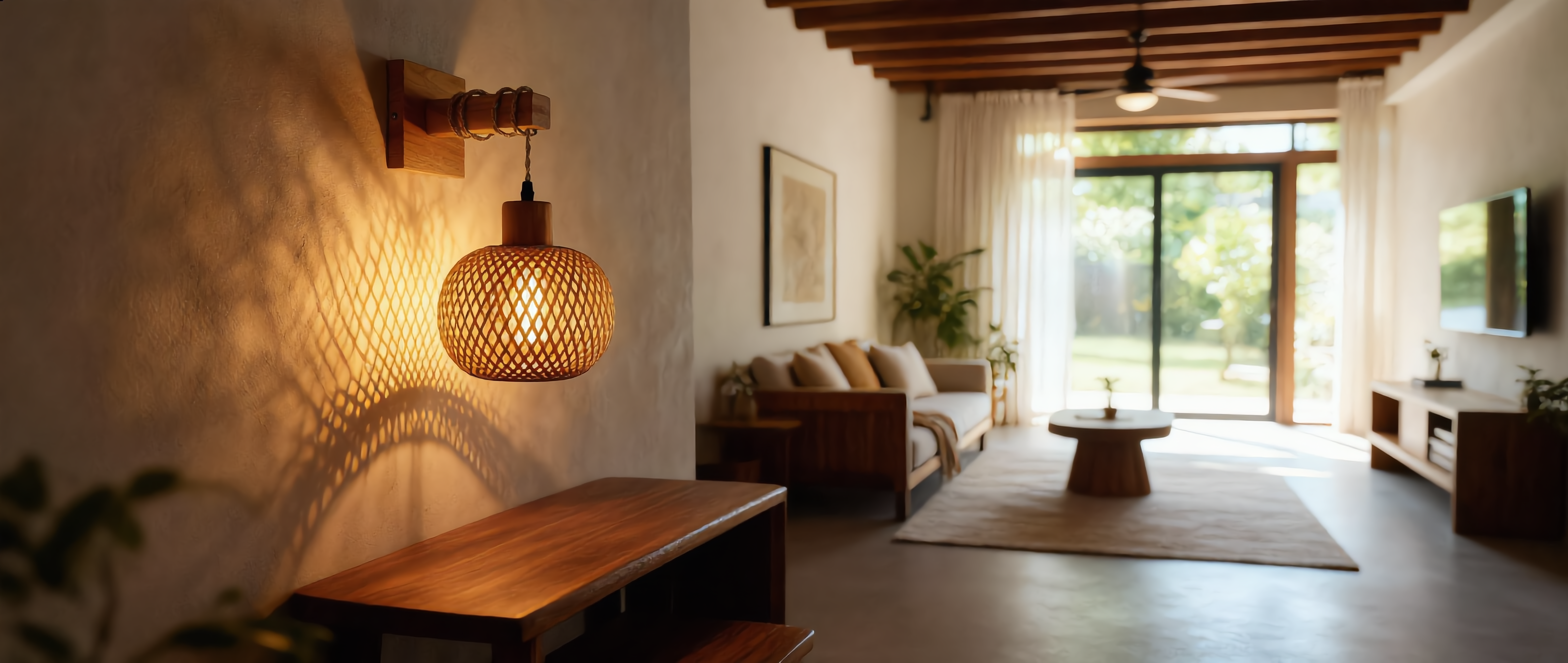 Intreccio handwoven rattan wall lamp glowing warm in a cozy boho living room (banner)