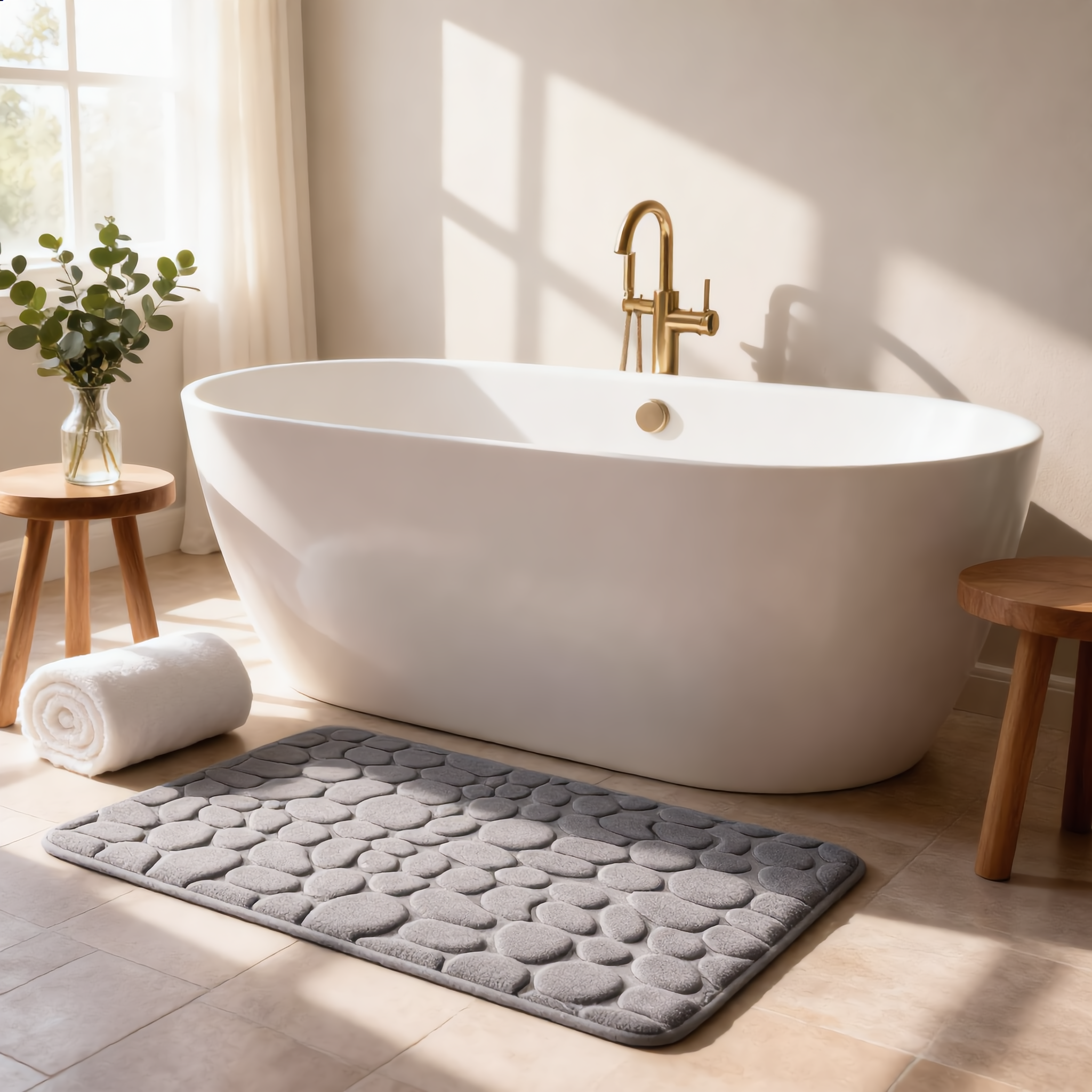 Grey Ciottoli bath mat in a serene spa bathroom beside a freestanding tub