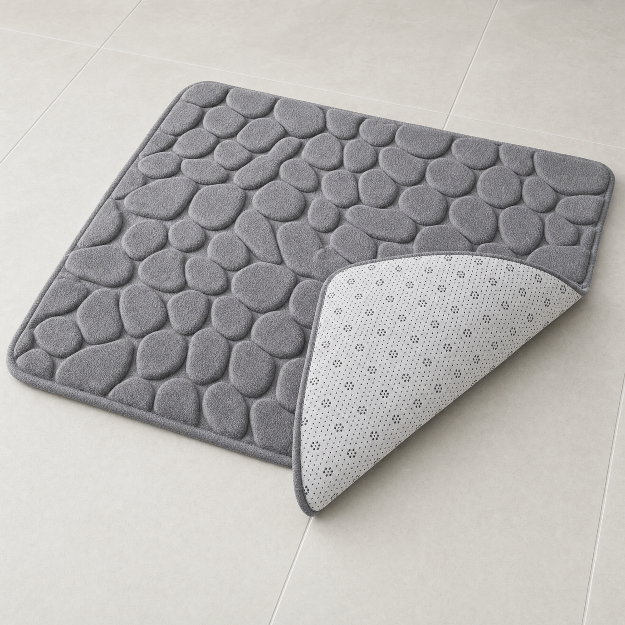 Underside of the bath mat showing the white printed anti-slip dotted fabric backing