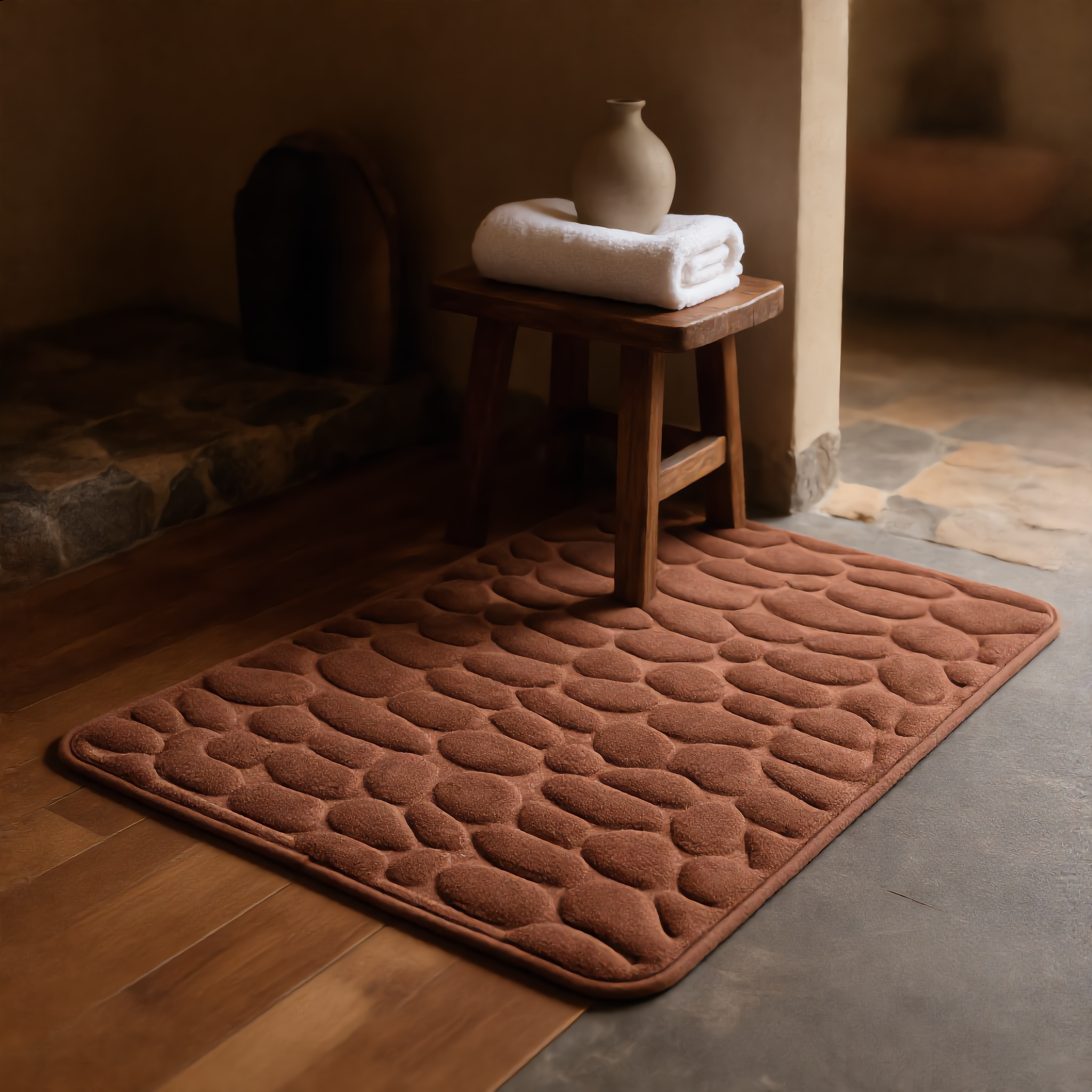 Clay brown Ciottoli bath mat in a warm Japandi spa bathroom
