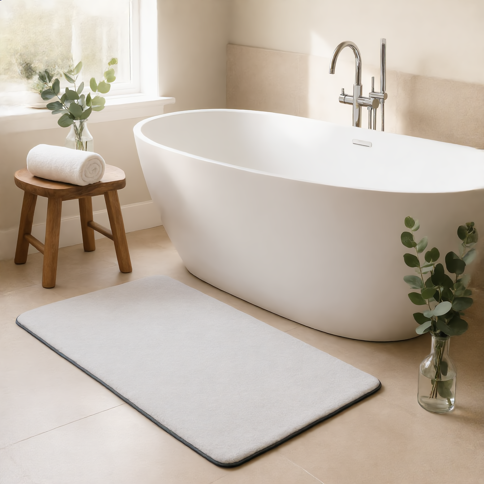 Light gray Velluto bath mat in a serene spa bathroom by a freestanding tub