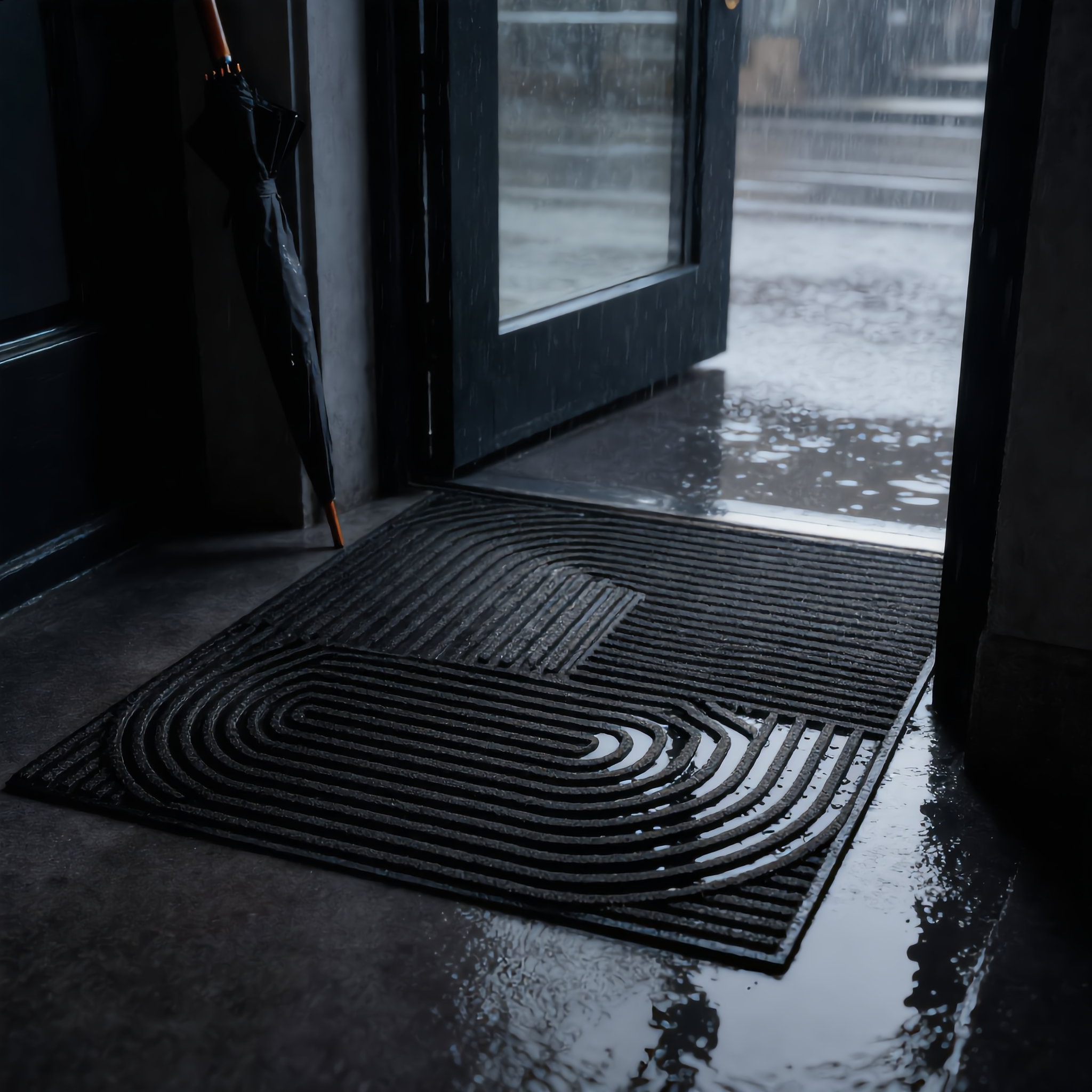 Black Arcs doormat by a doorway in the rain, all-weather