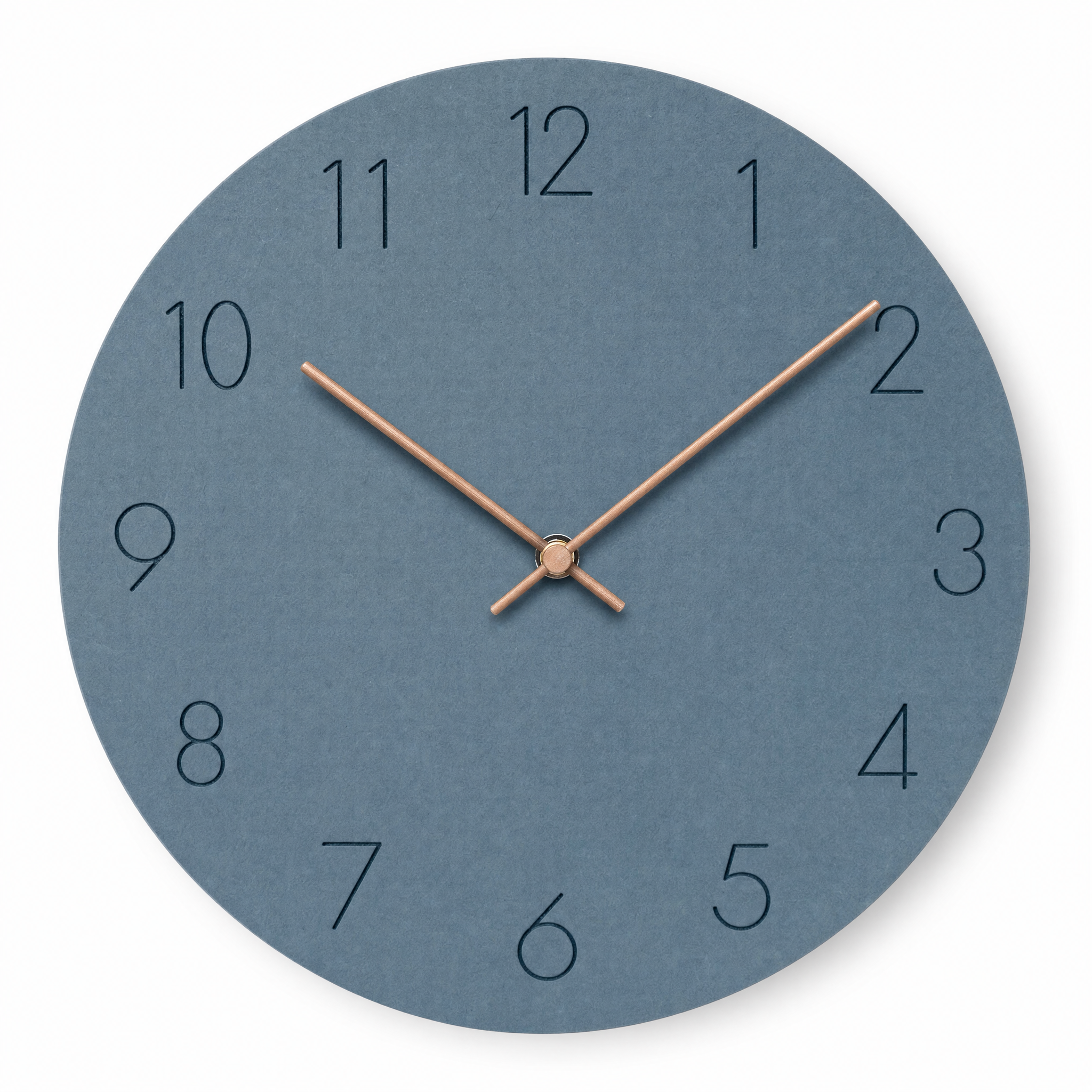 Blue Silenzio Scandinavian minimalist wall clock on white background
