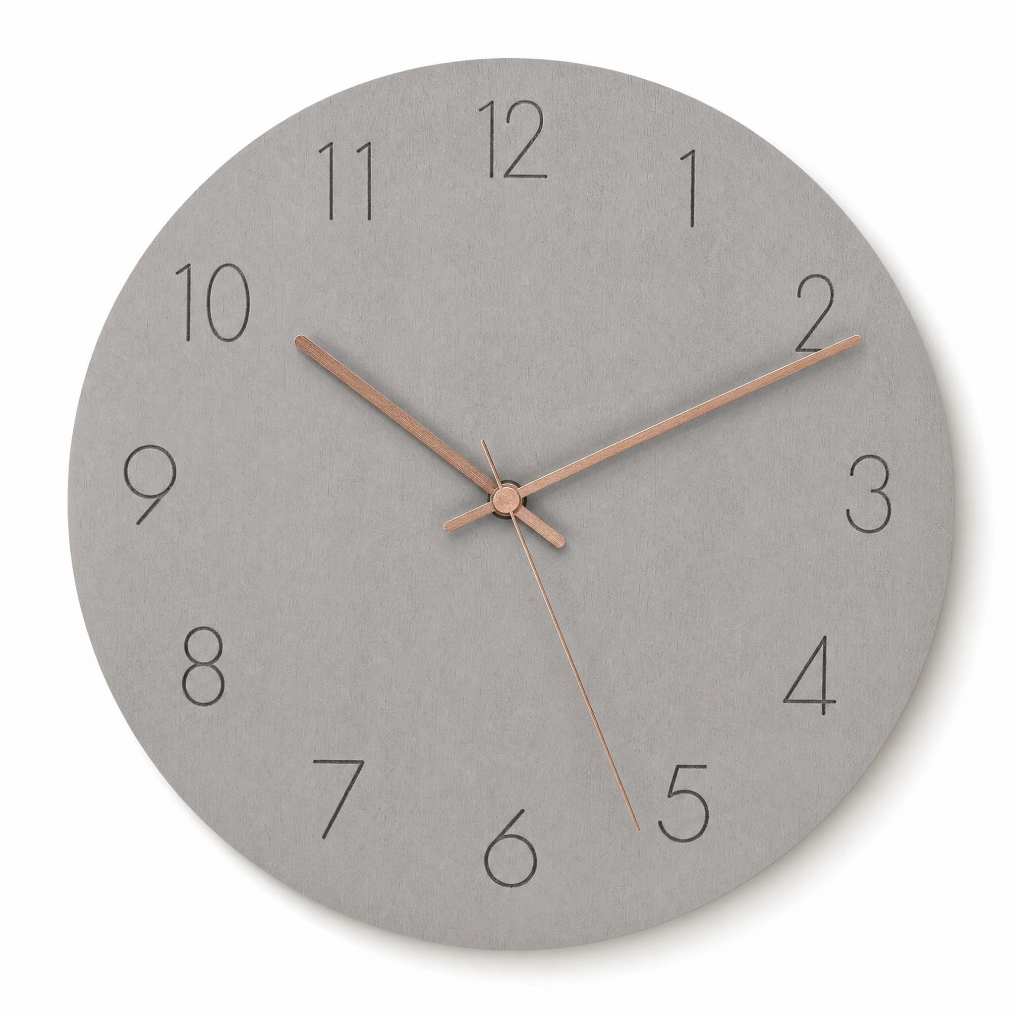 Gray Silenzio Scandinavian minimalist wall clock on white background