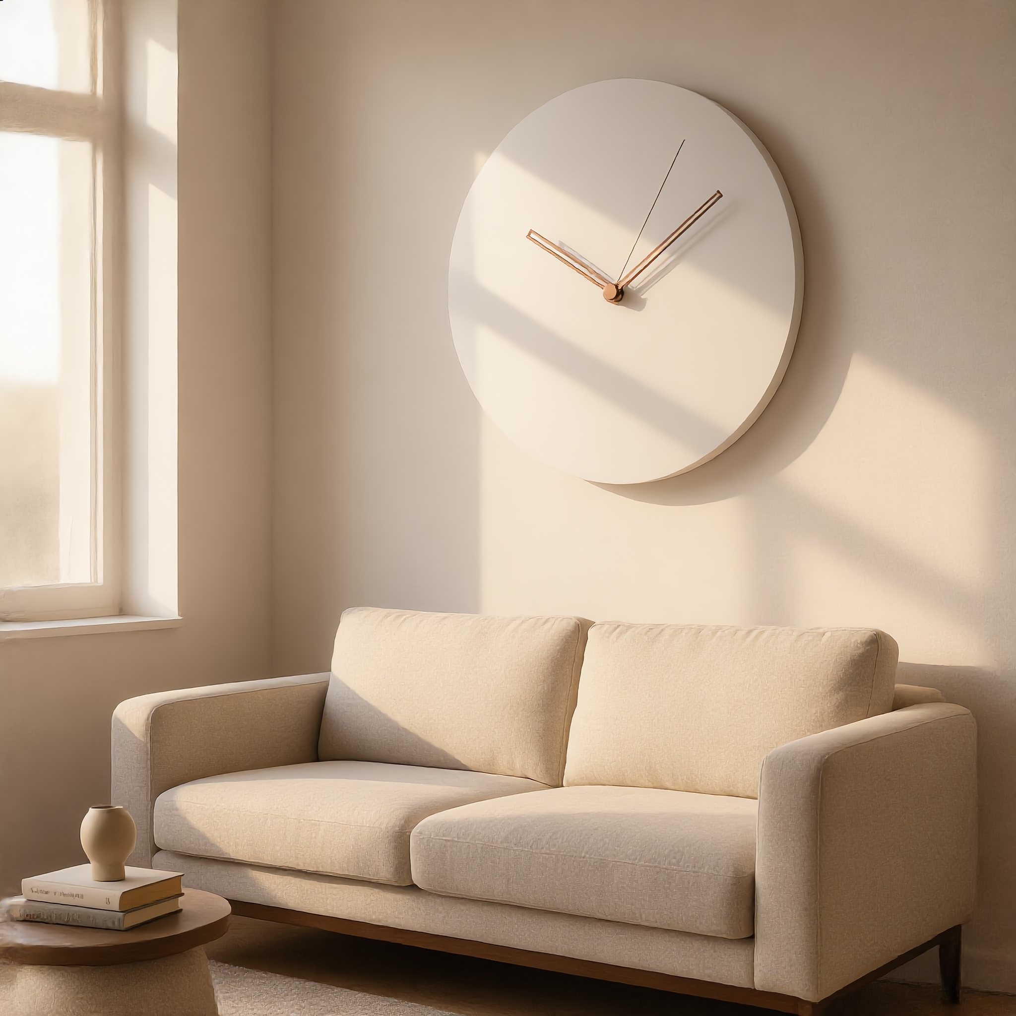White Silenzio wall clock in a bright Scandinavian living room above a linen sofa