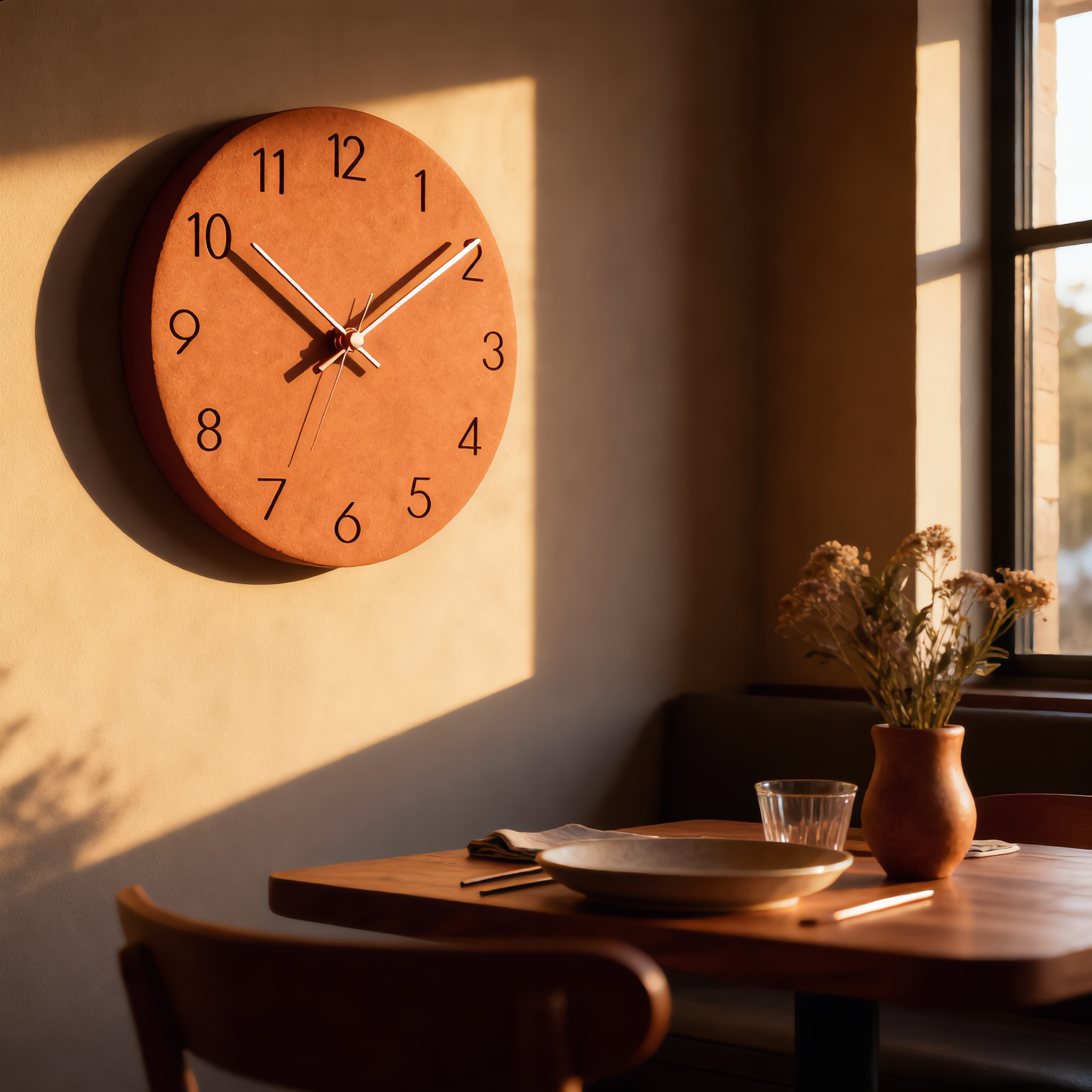 Terracotta Silenzio wall clock in a warm dining nook at golden hour