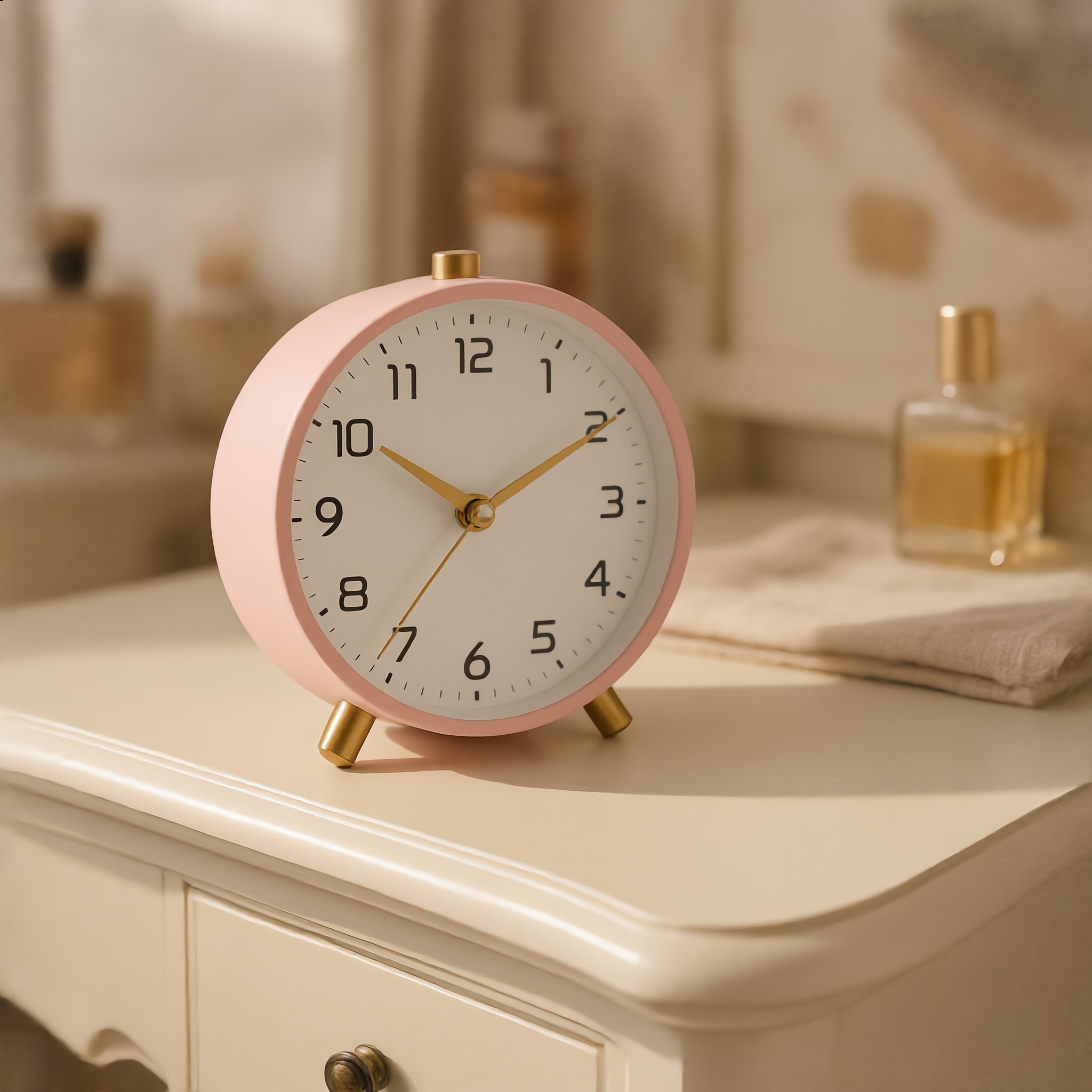 Pink Serena clock styled on a cream vanity dresser
