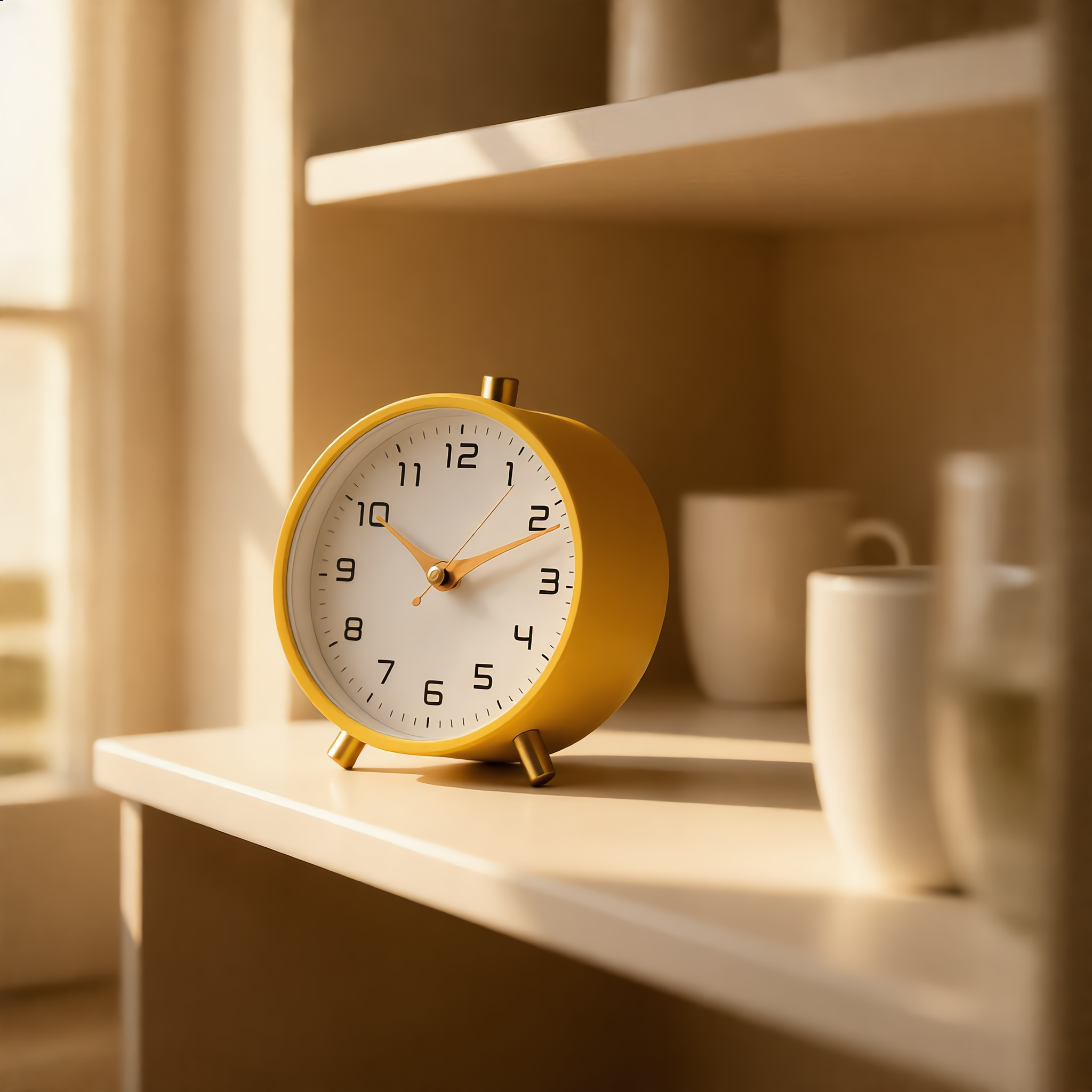 Yellow Serena clock on a sunlit kitchen shelf
