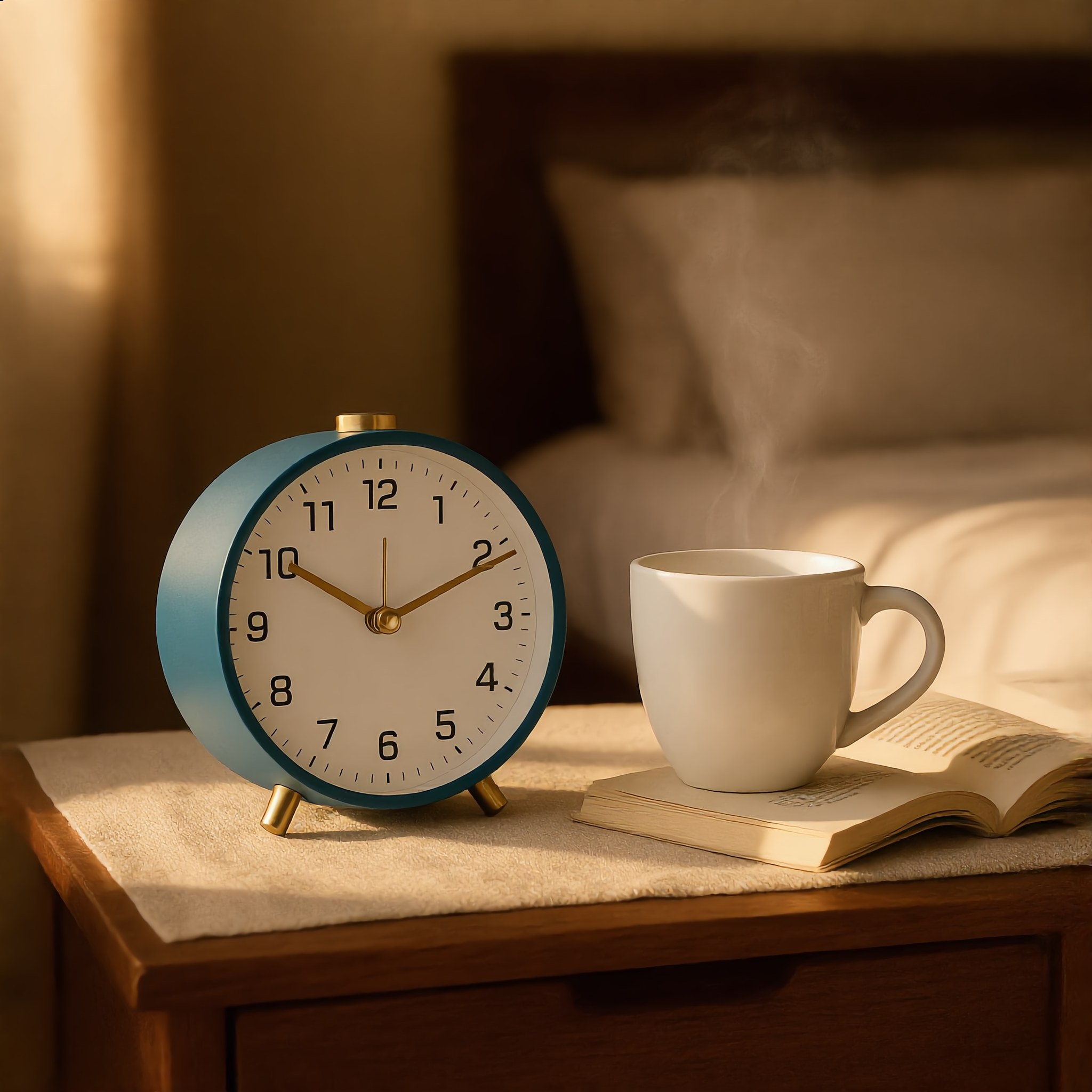 Blue Serena clock beside a coffee cup and open book
