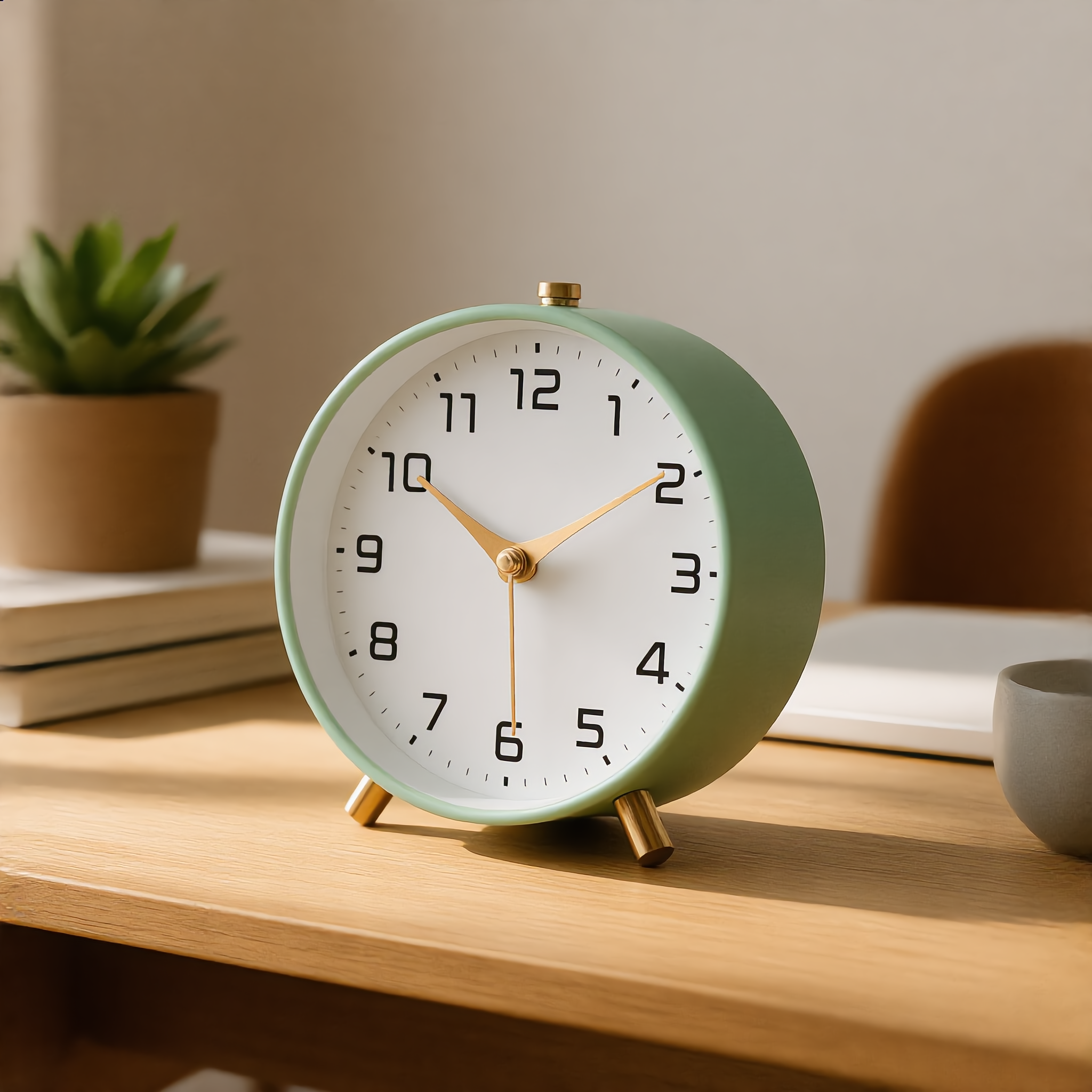 Green Serena clock on a bright home office desk with books and plant