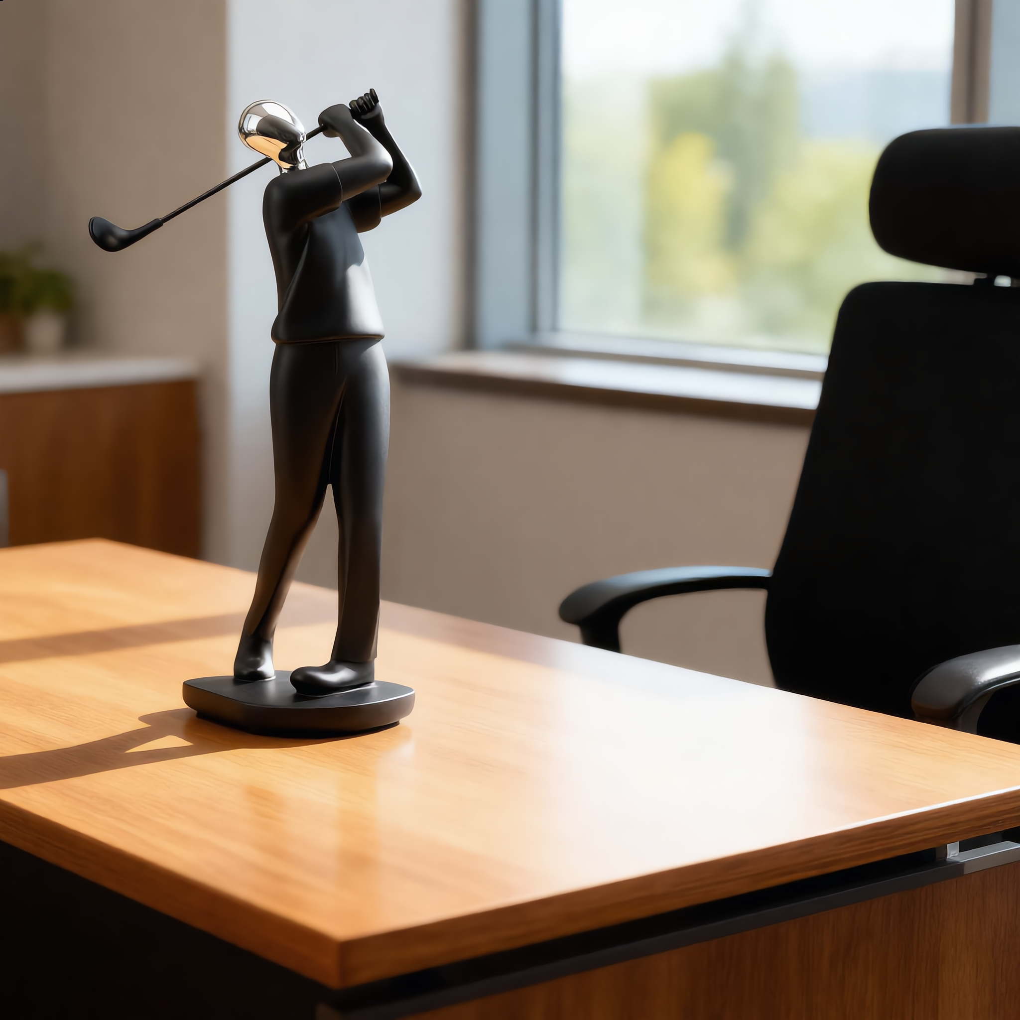 Black resin golfer sculpture on a sunlit light-oak office desk