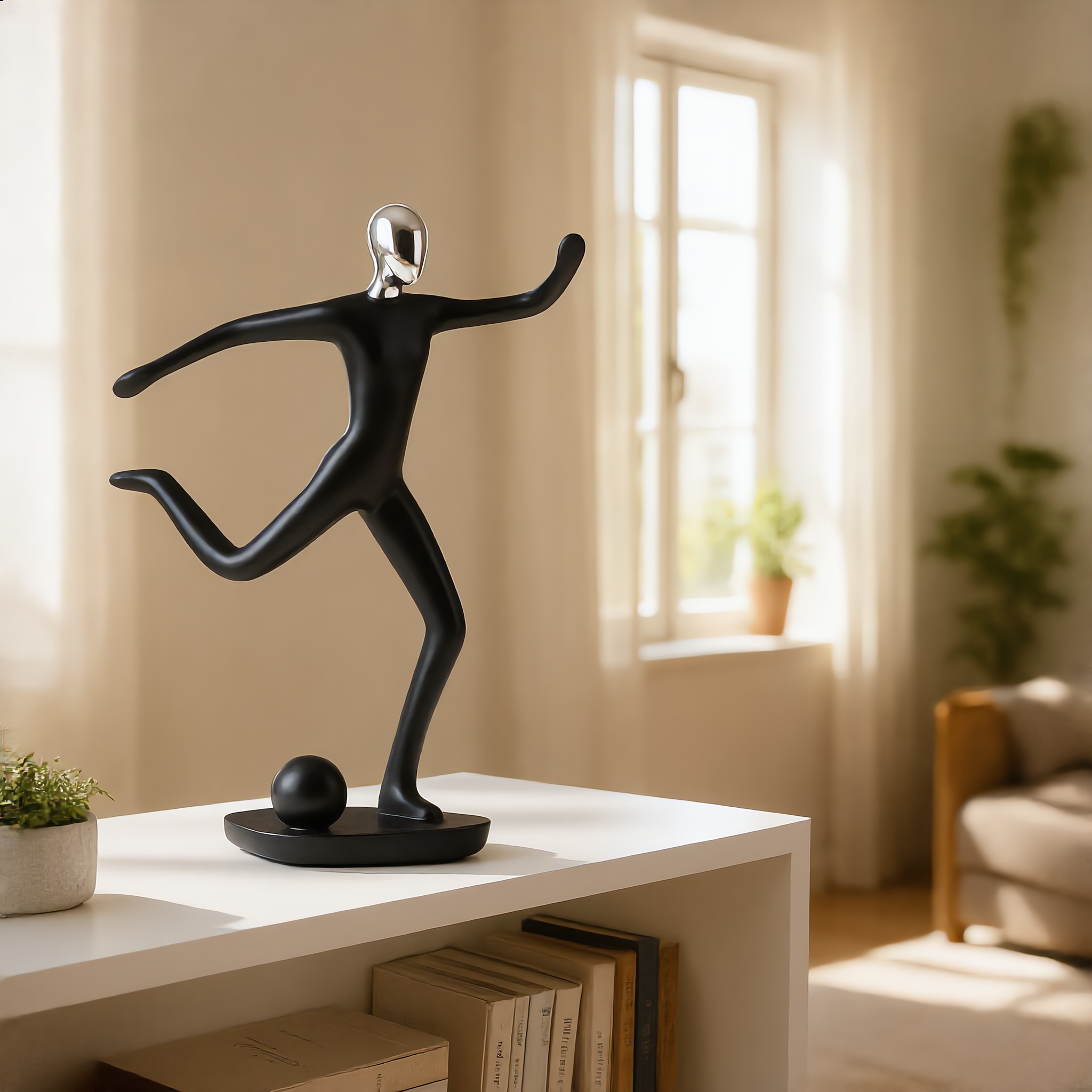 Black resin soccer sculpture on a shelf in a sunlit living room