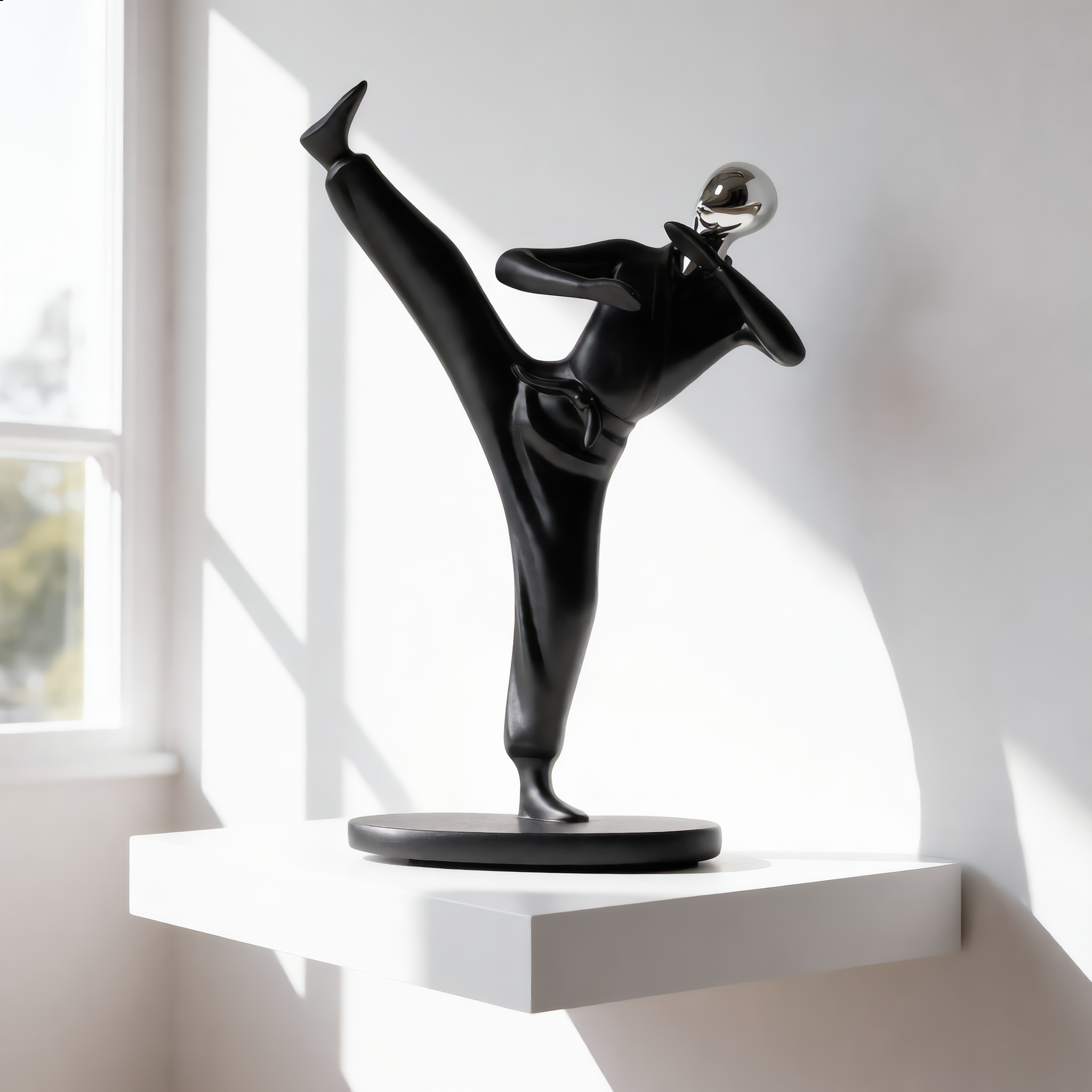 Black resin kung fu sculpture on a white floating shelf in daylight