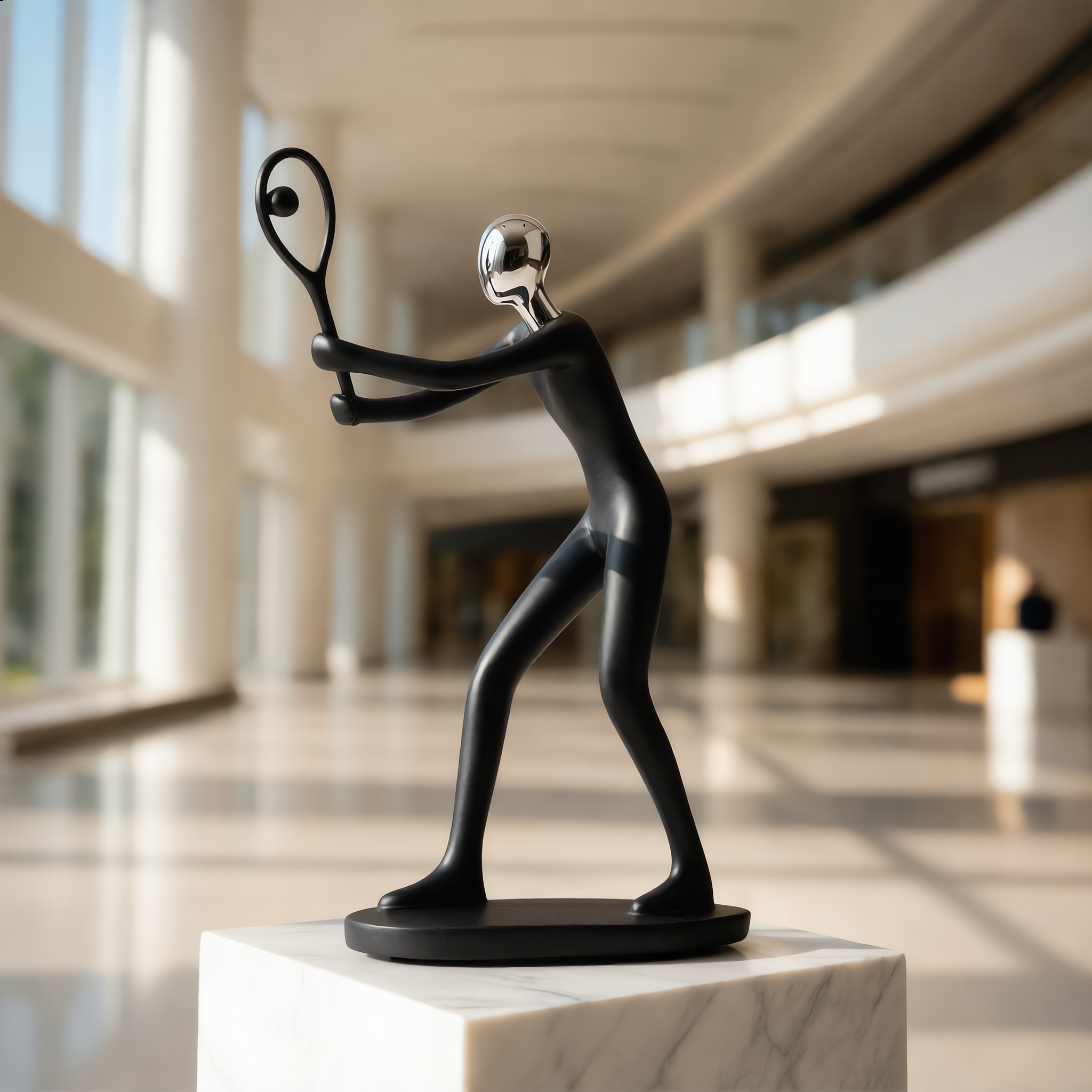 Black resin tennis sculpture on a marble plinth in a light-filled atrium
