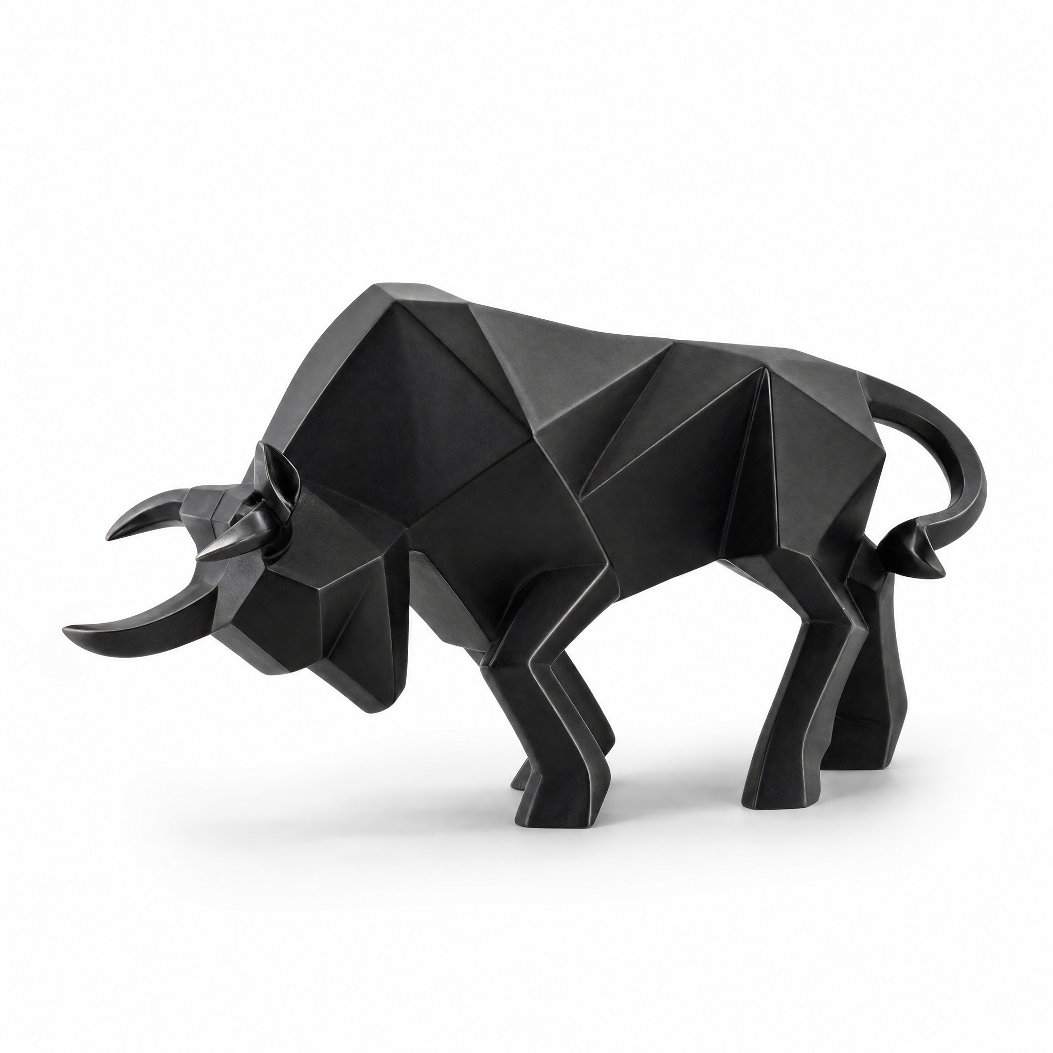 Forza black geometric bull resin sculpture, white background