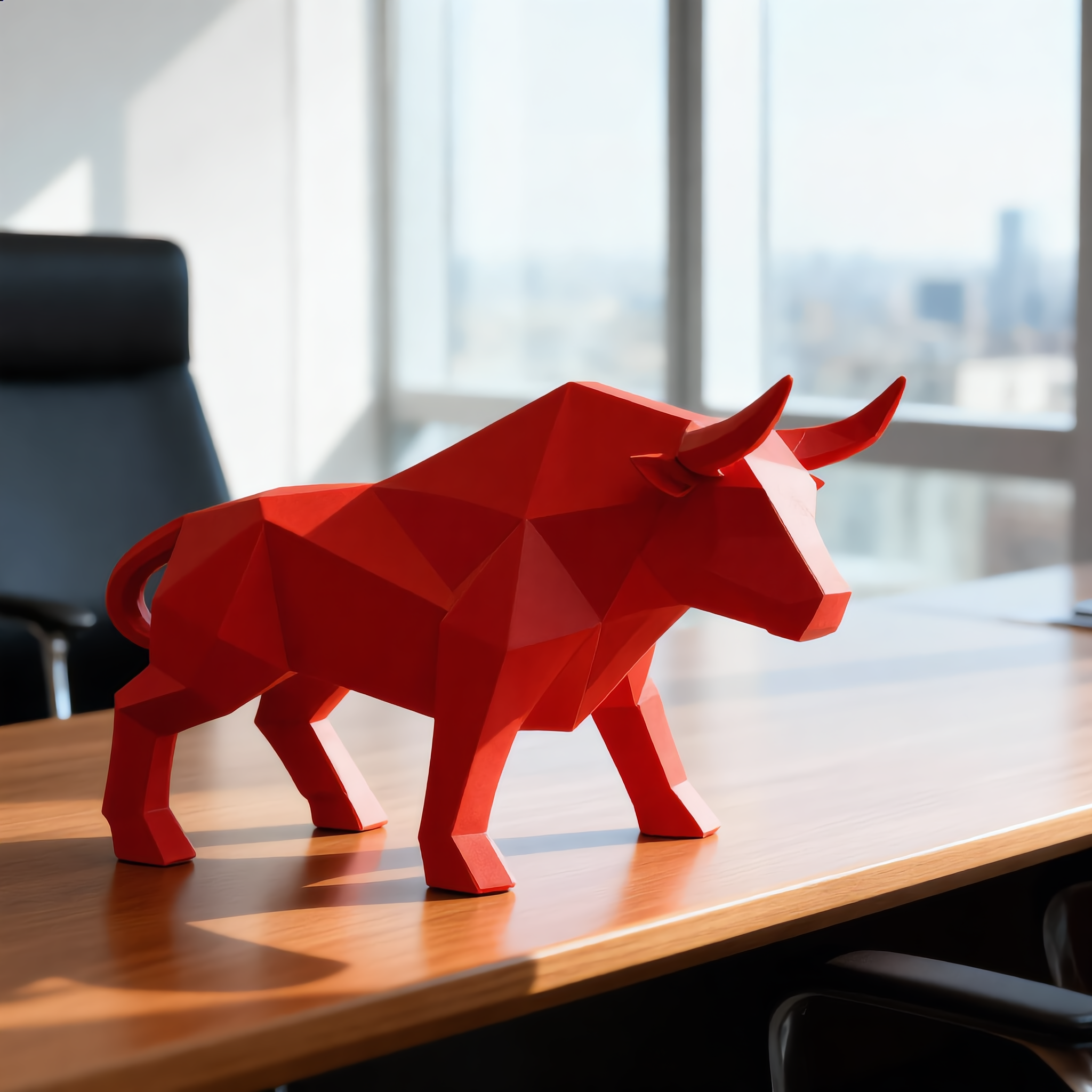 Red geometric bull sculpture on a sunlit executive desk