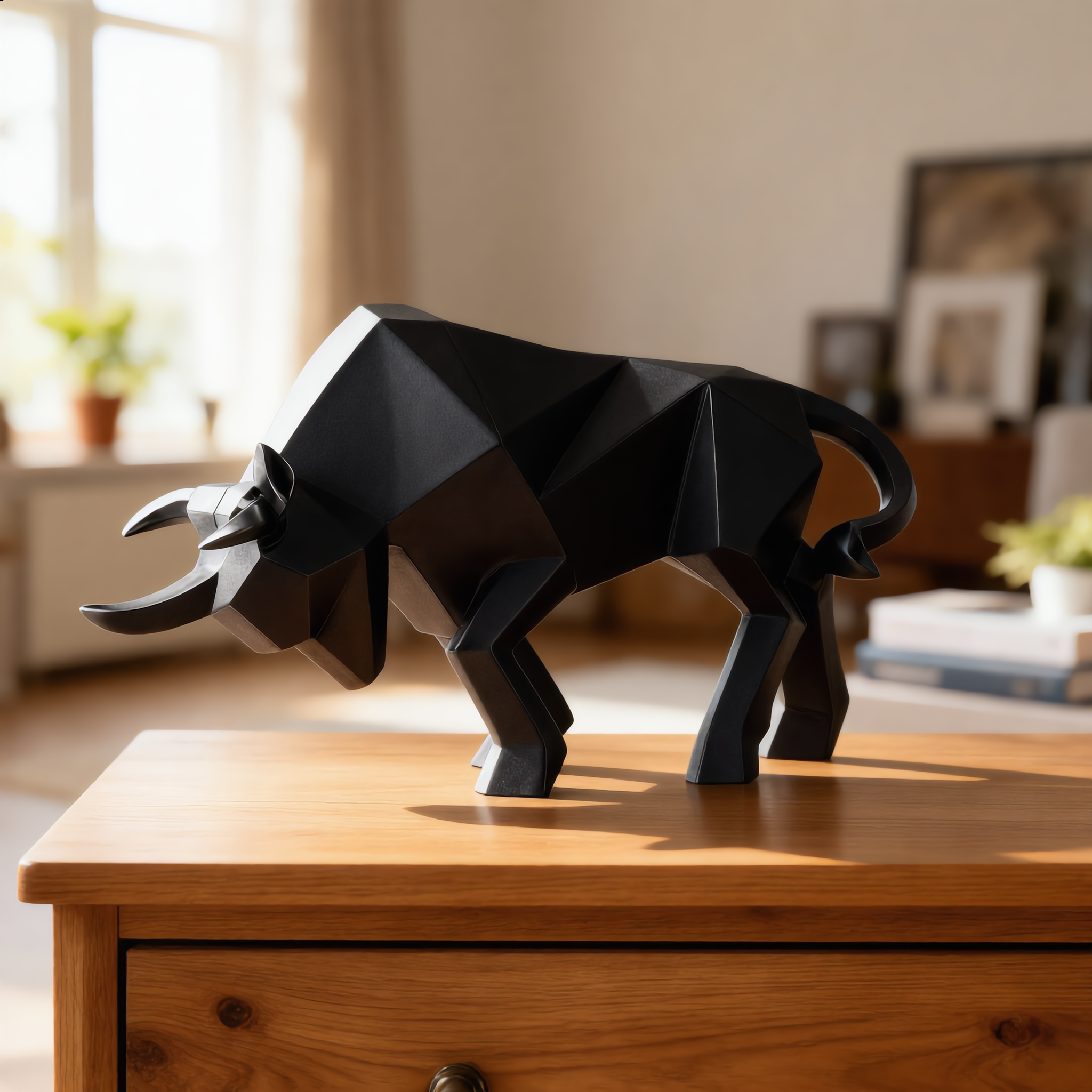 Black geometric bull sculpture on a bright living-room console