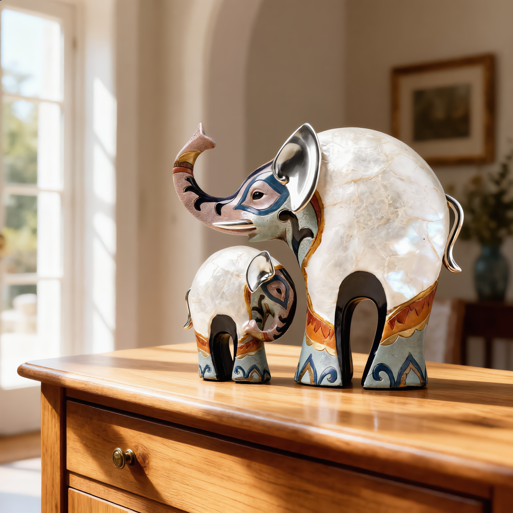Mother and baby elephant figurines on a sunlit console in an entryway