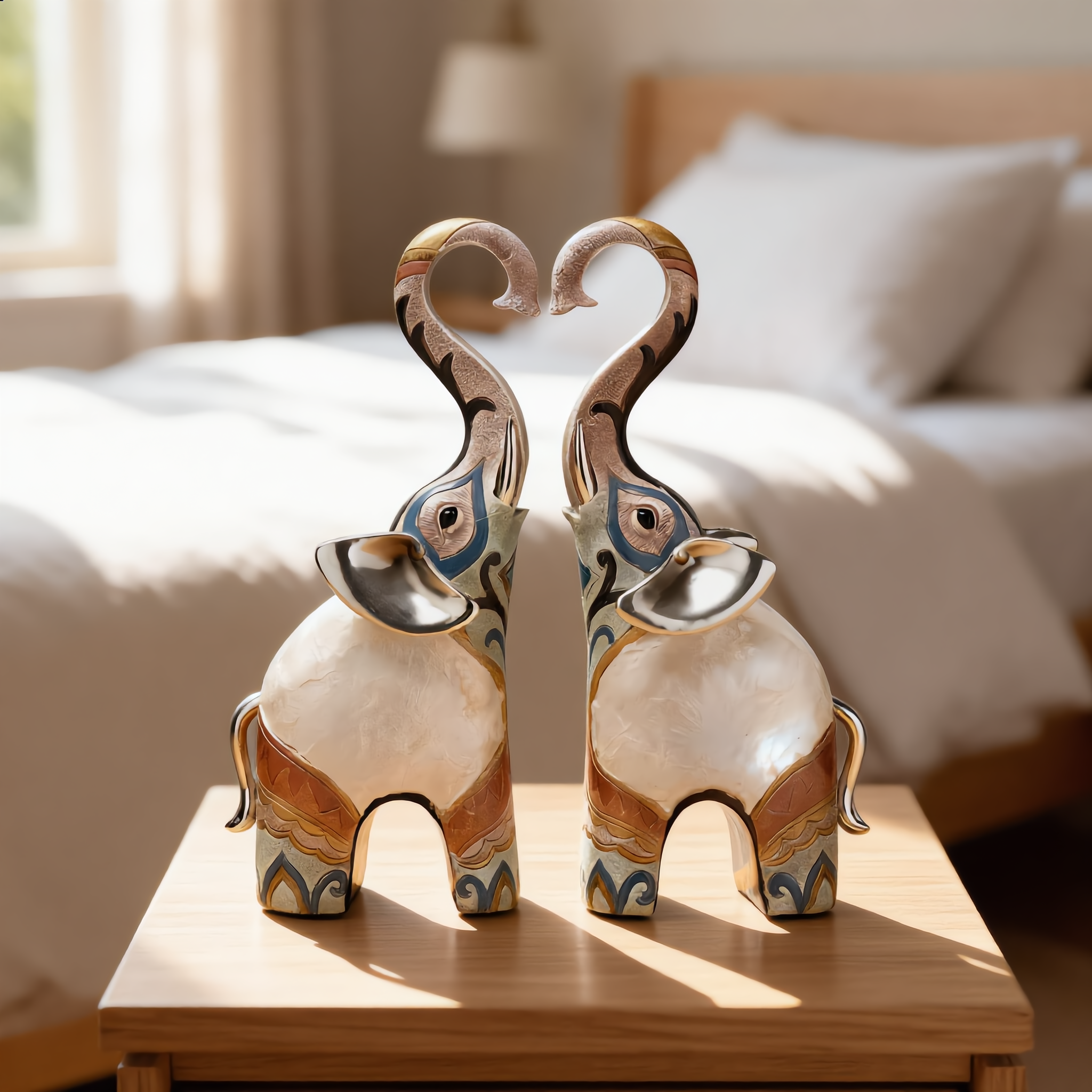 Heart-pose elephant figurines on a bright bedside table