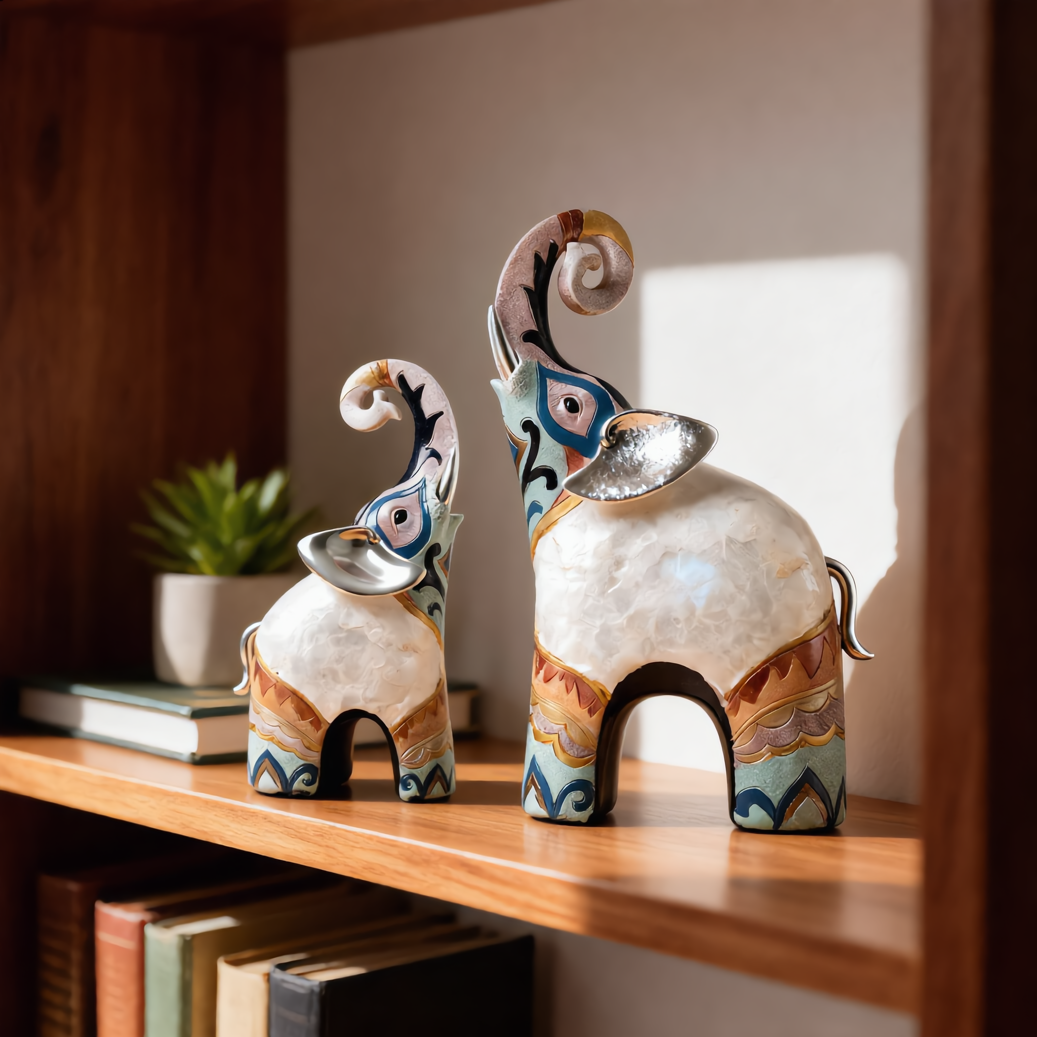 Tall raised-trunk elephant figurines on a sunlit bookshelf