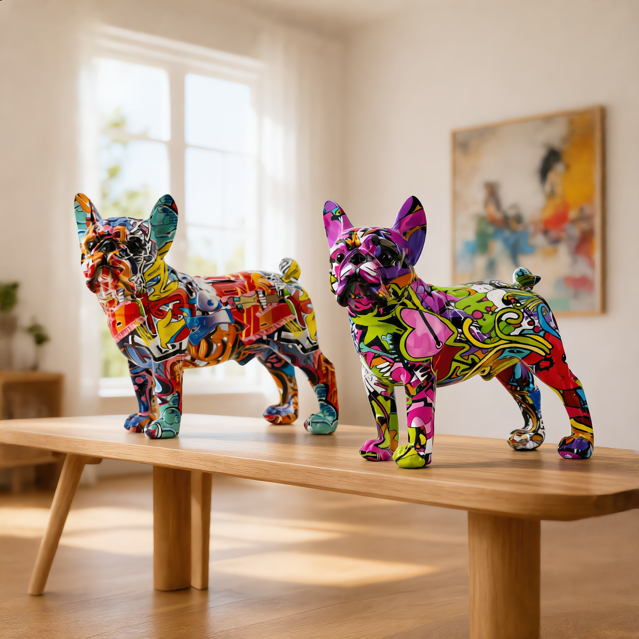 Graffiti and abstract French Bulldog statues together on a bright shelf