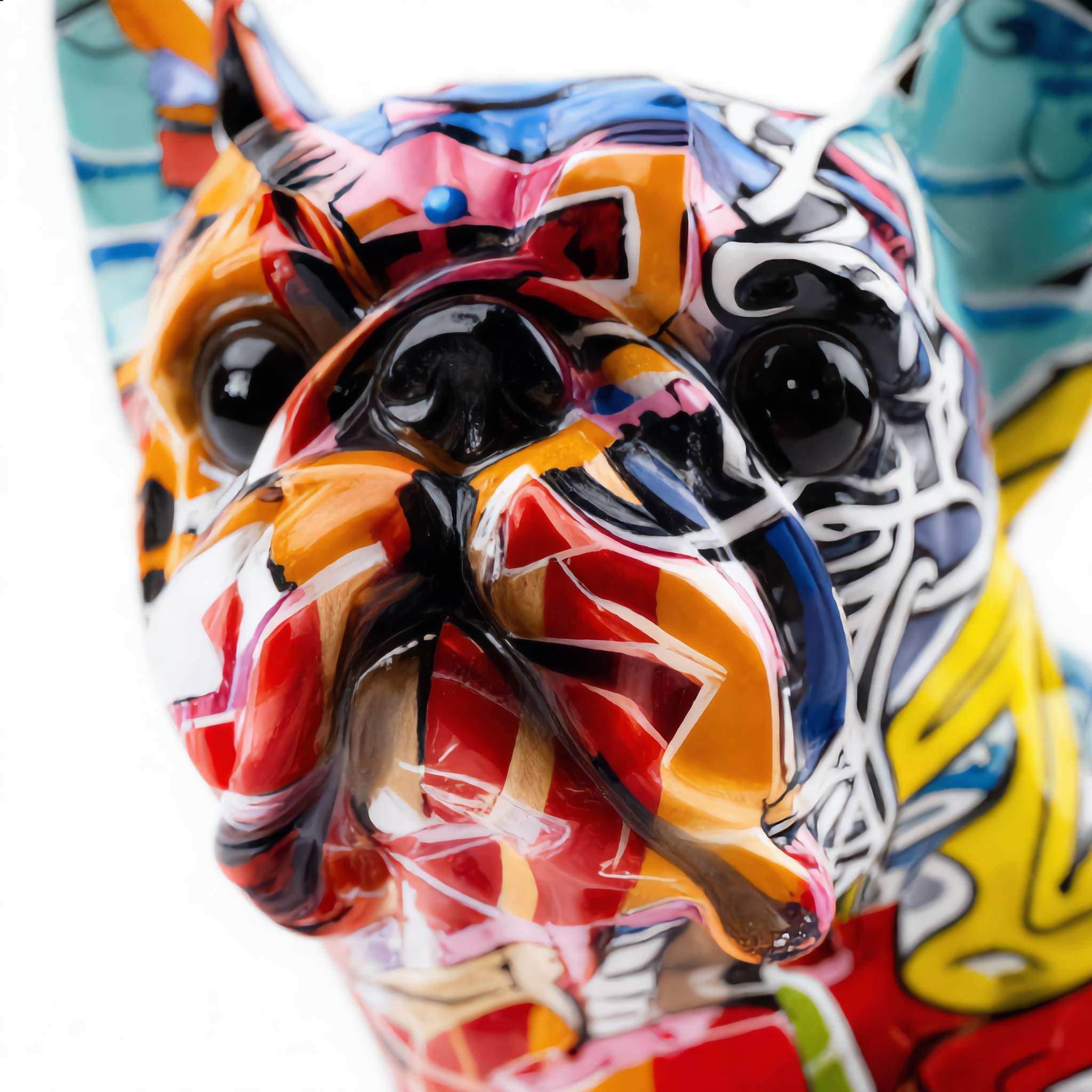 Close-up of the graffiti French Bulldog's hand-painted face
