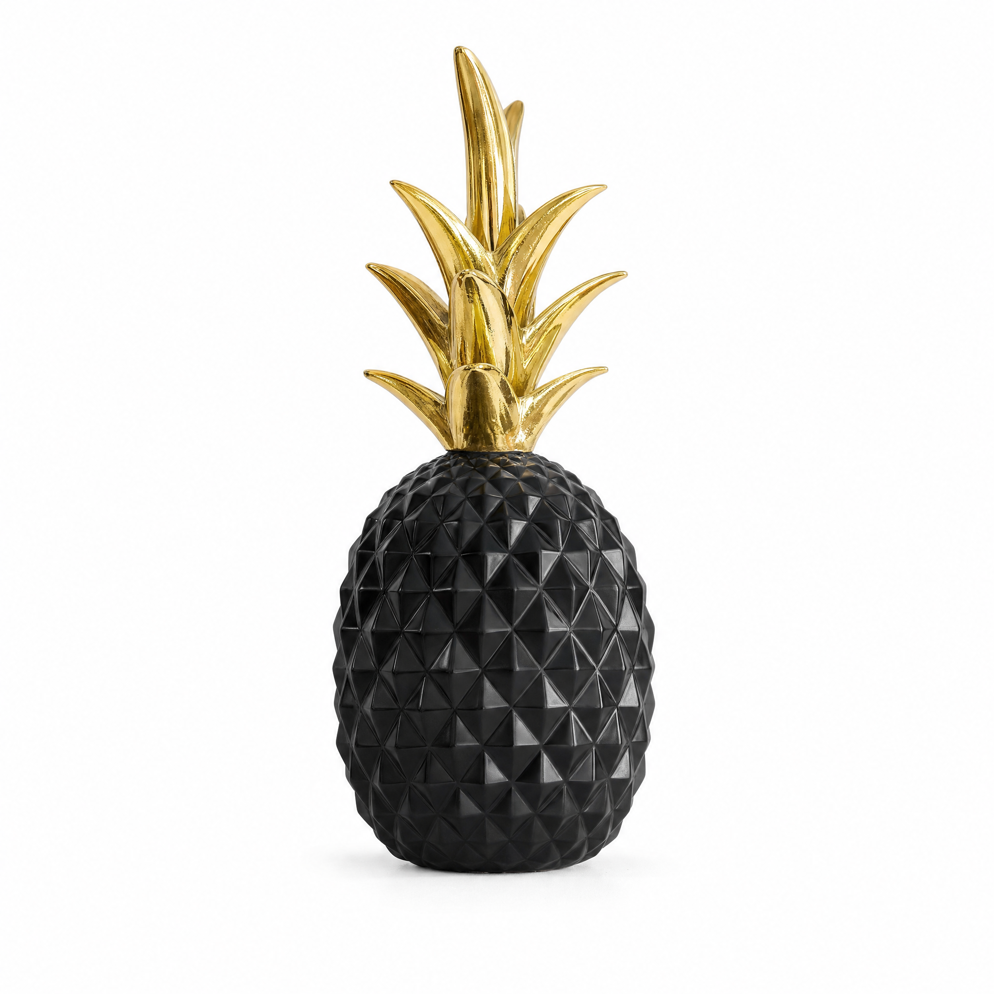 Aurea black pineapple statue with gold crown, white background