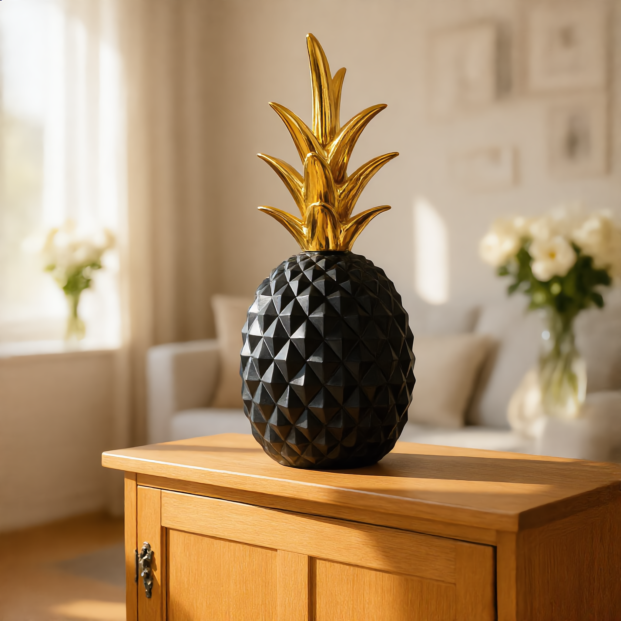 Black pineapple statue on a bright sideboard with flowers