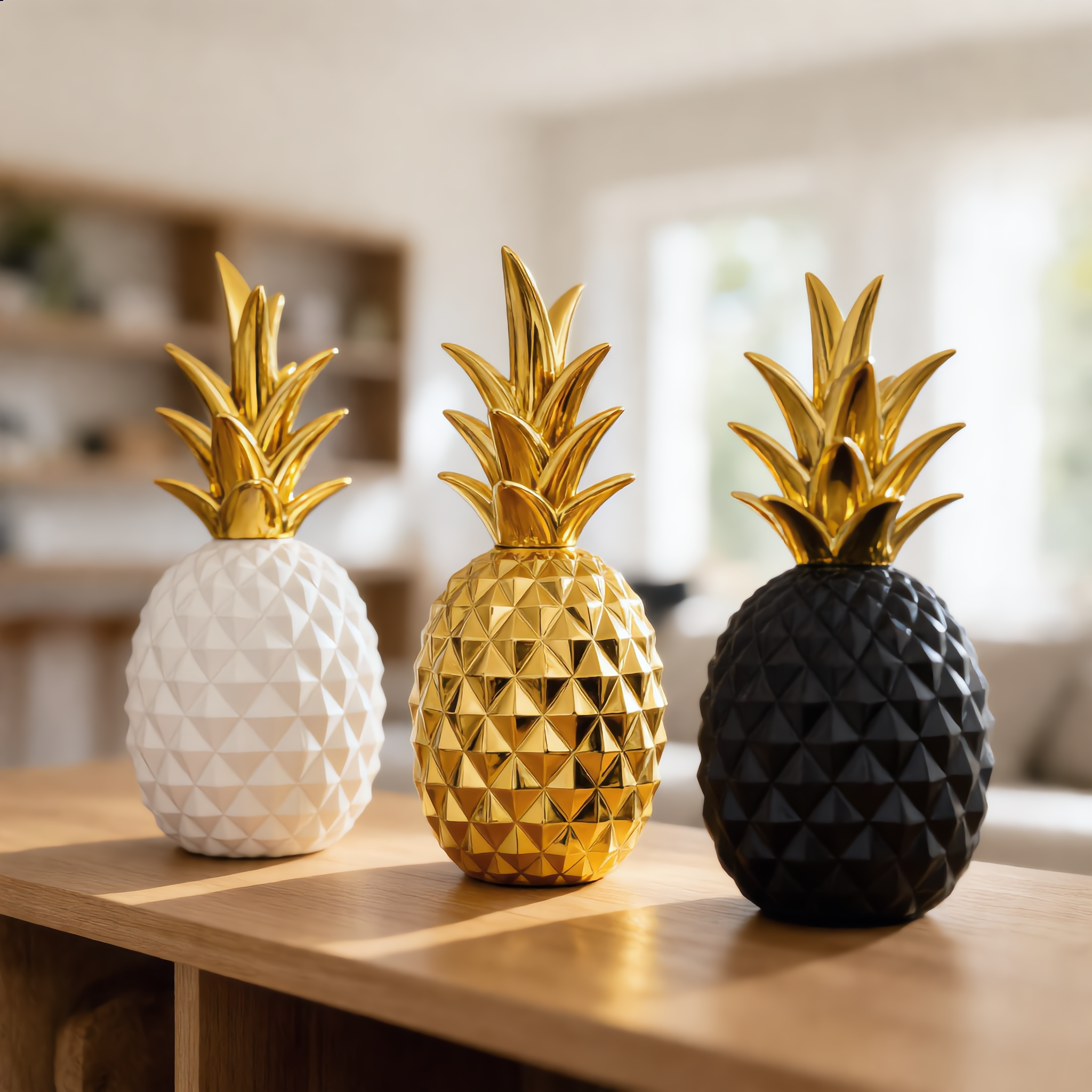 White, gold and black pineapple statues displayed together on a shelf