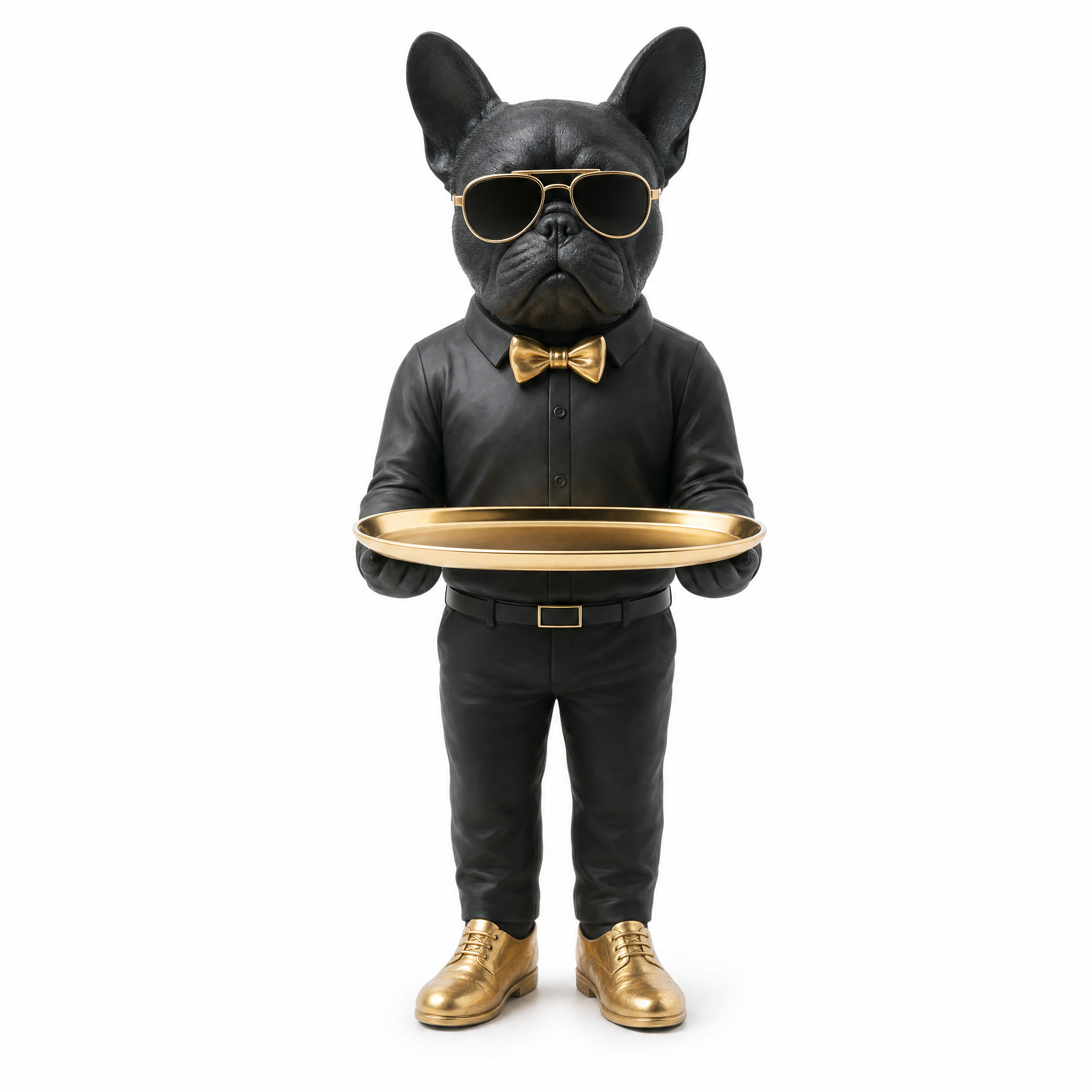 Brio black bulldog butler statue with gold tray on white