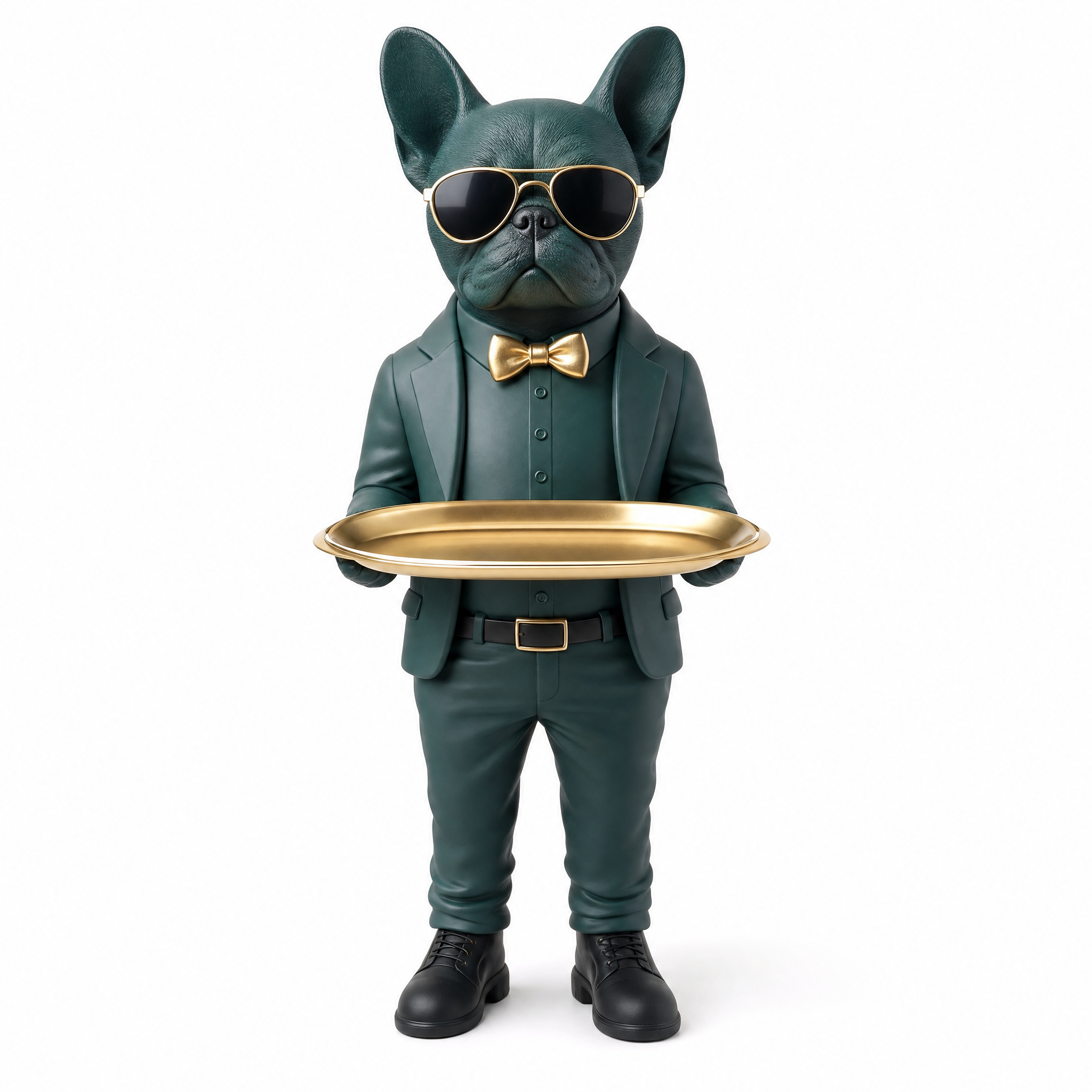 Brio teal-green bulldog butler statue with gold tray on white