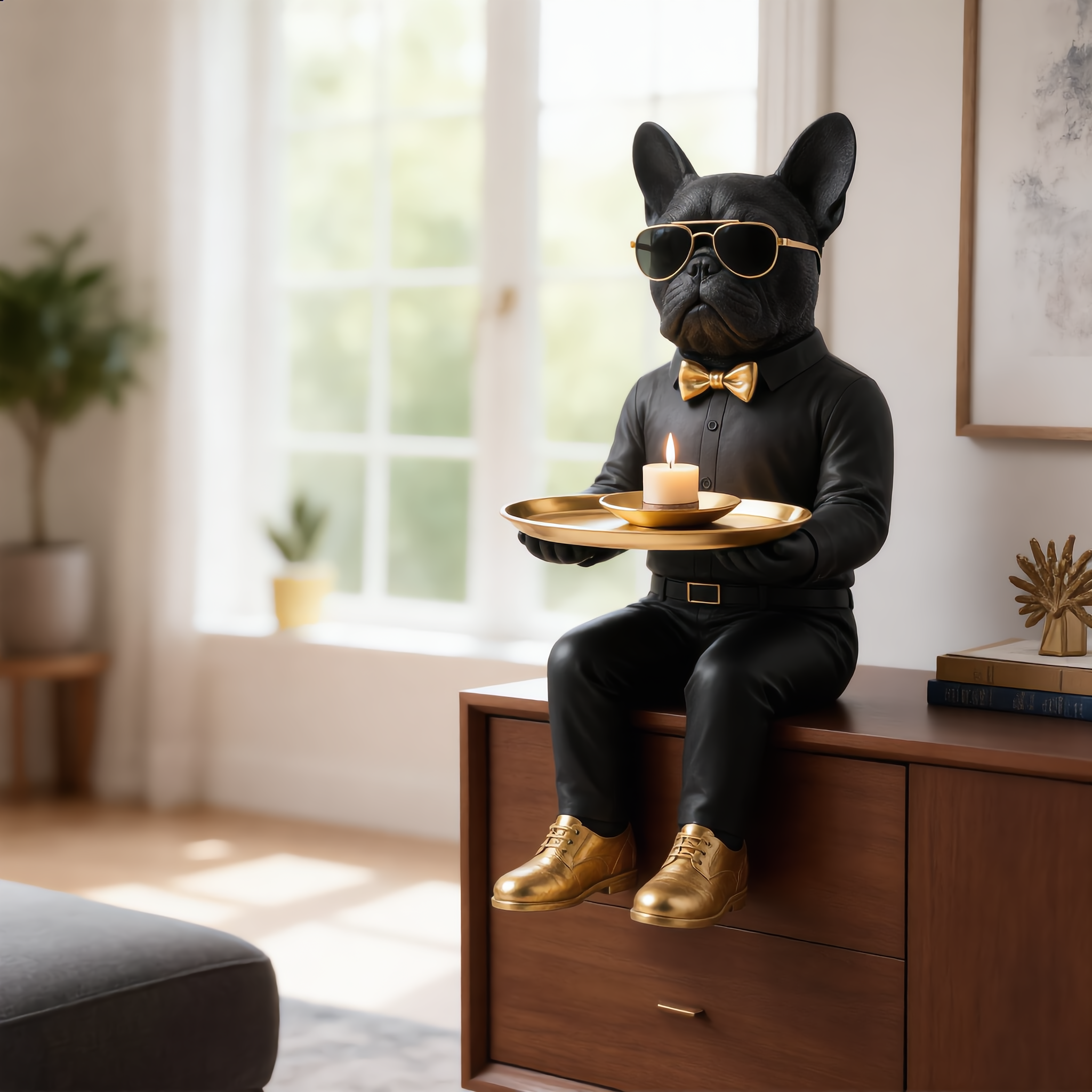 Black bulldog butler statue on living room sideboard with candle